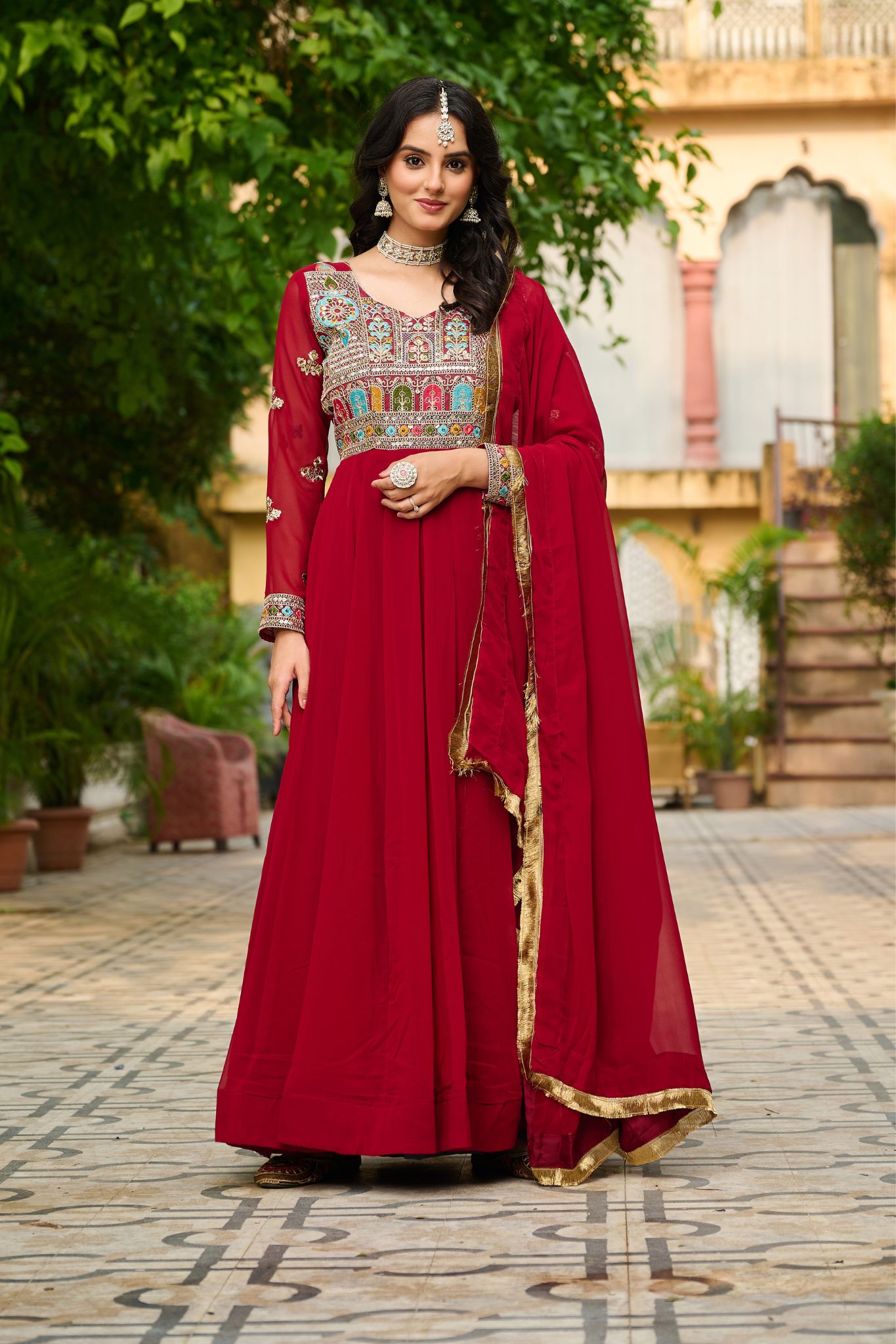 Ethnic Stylish Crafted Multi Thread Embroidered Work Gown With Dupatta Set