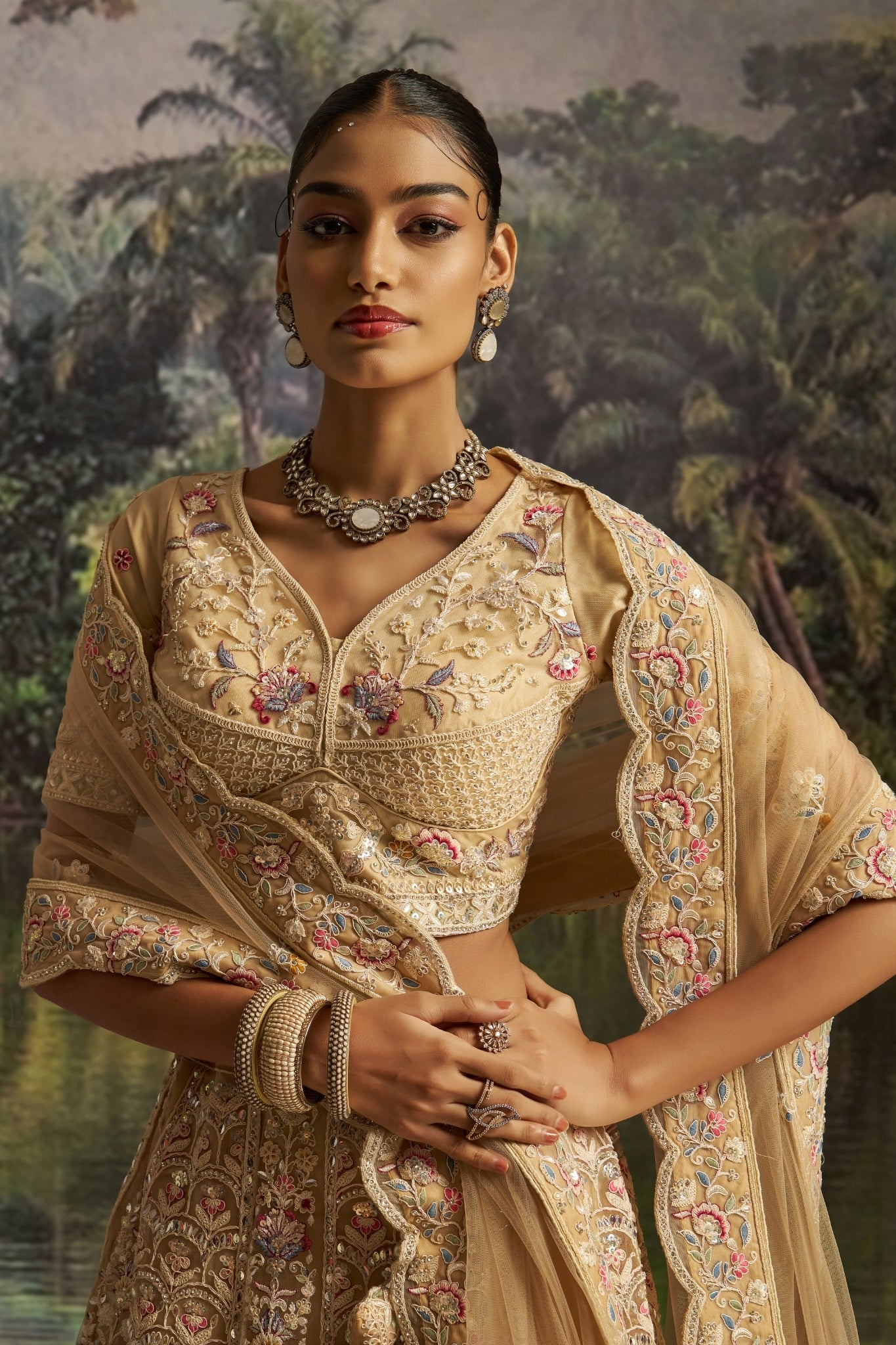 Regal Pastel Gold Heavy Embroidered Bridal Lehenga Set