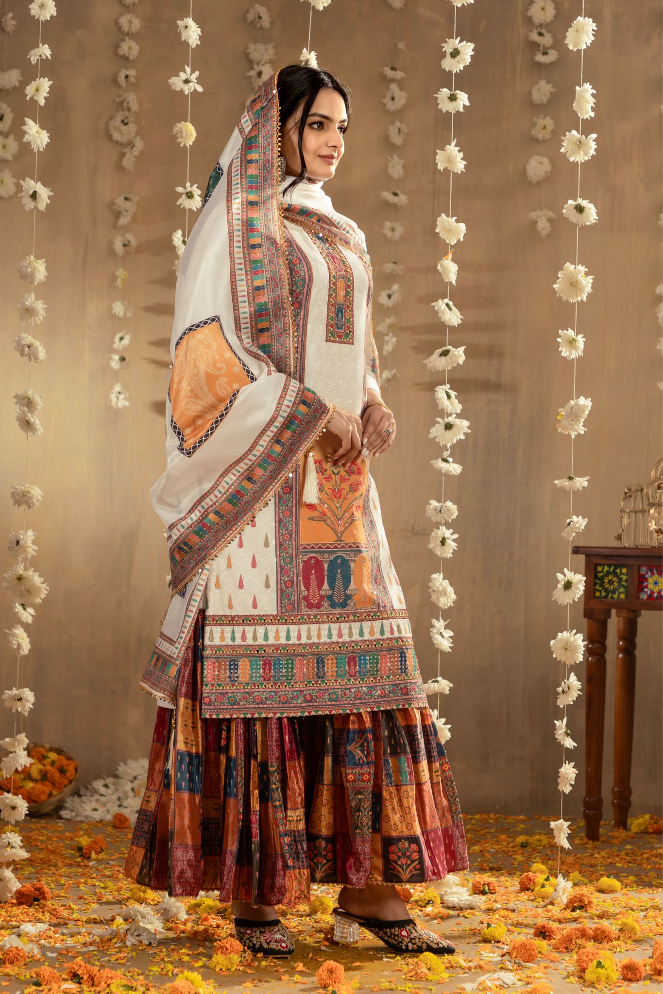 Stunning Printed With Mirror Sifali Work Cotton Sharara Set