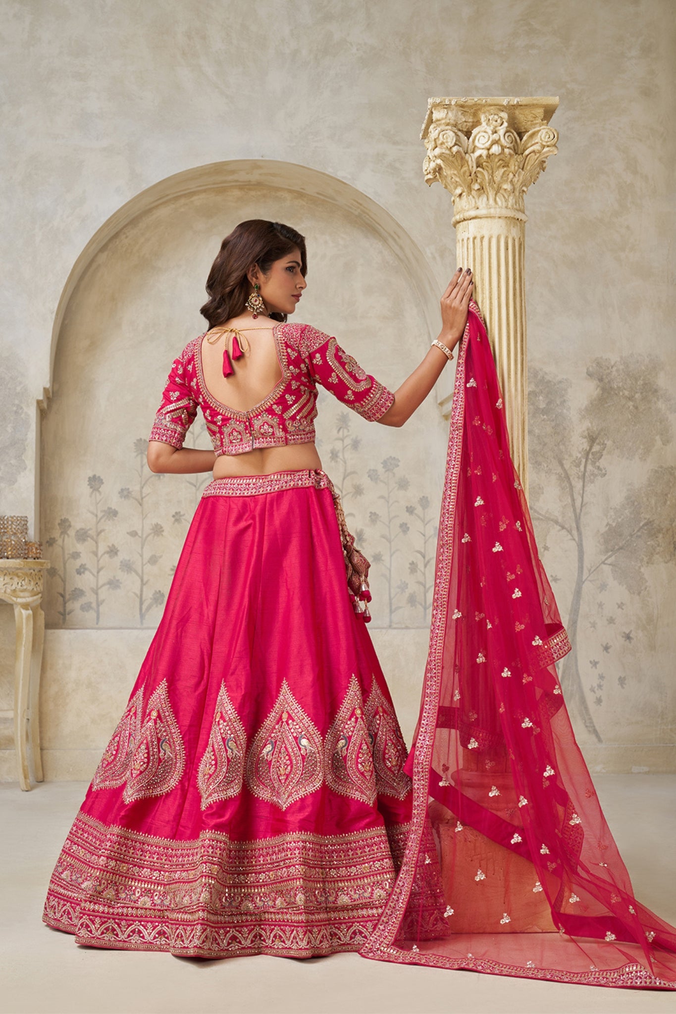 Crimson Elegance Minimalist Peacock And Leaf Motif Bridal Lehenga