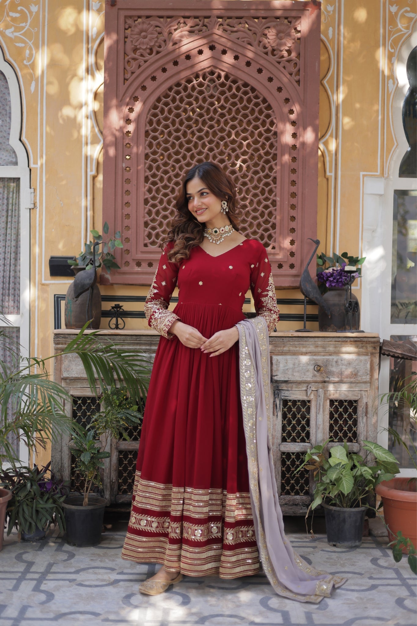 Traditional Maroon Embroidery Sequins Work Anarkali Suit Set