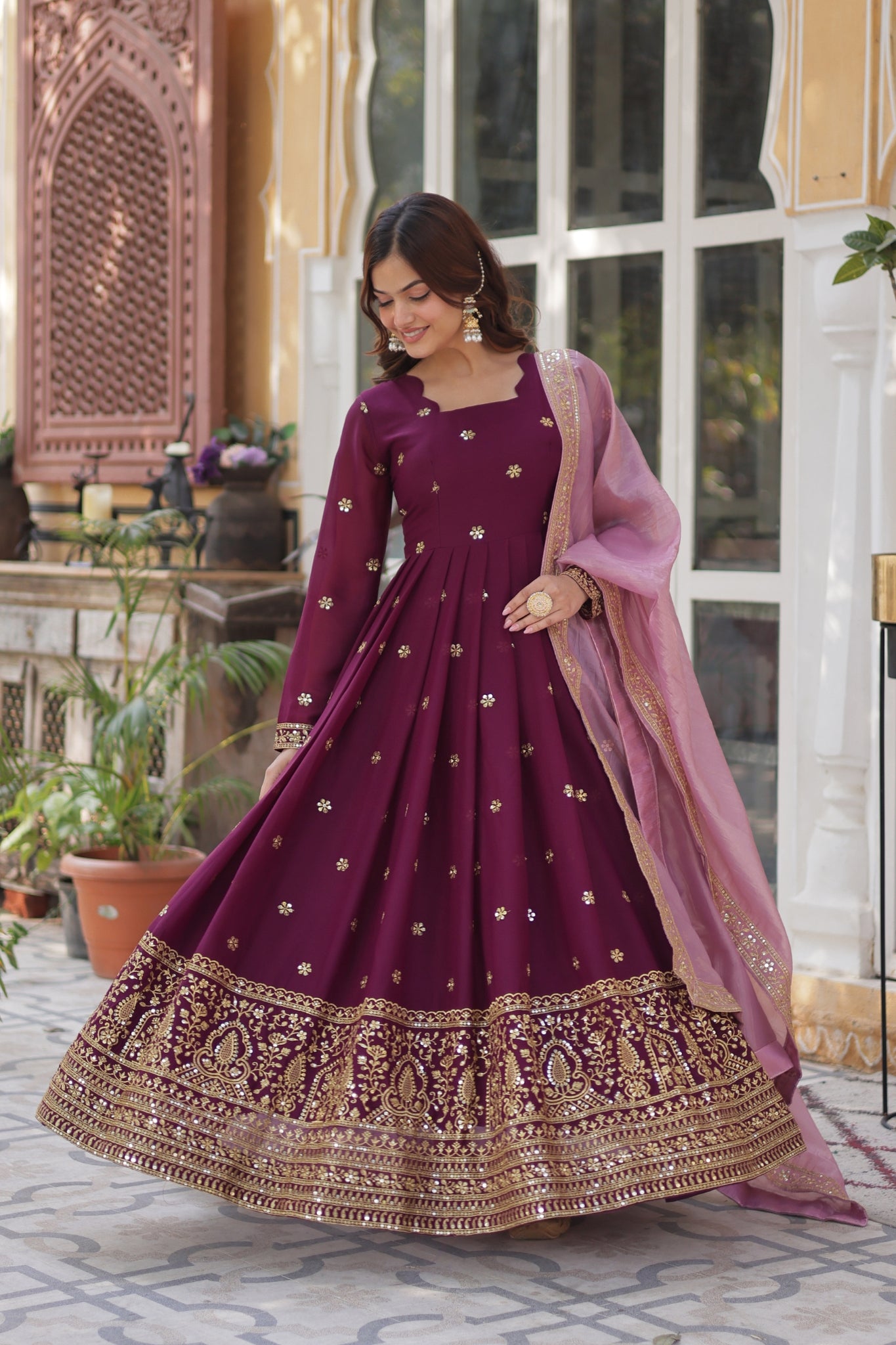 Plum Embroidered Georgette Anarkali Set