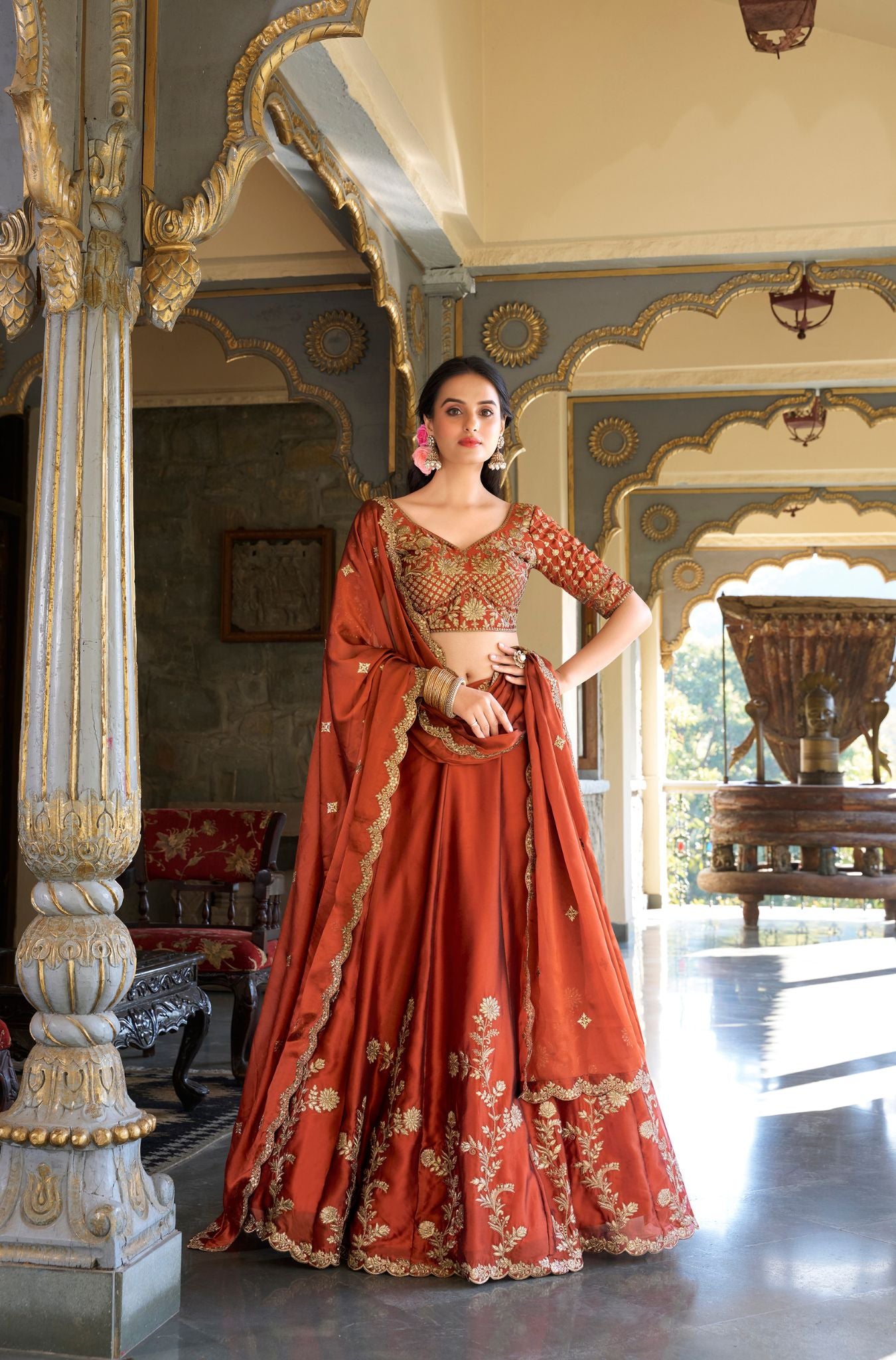 Orange Color Rangoli Silk Sequins And Thread Embroidery Work Lehenga Choli For Woman