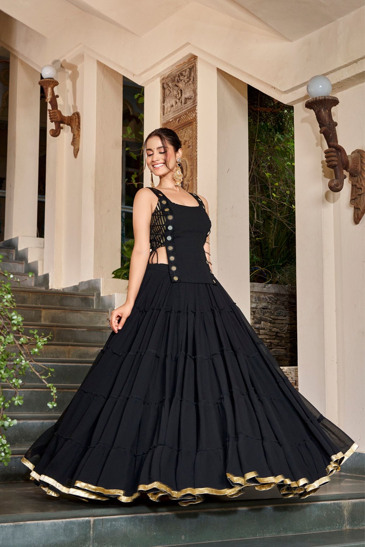14 Meter Full Gher Navratri Showstopper Lehenga Choli With Mirror Koti