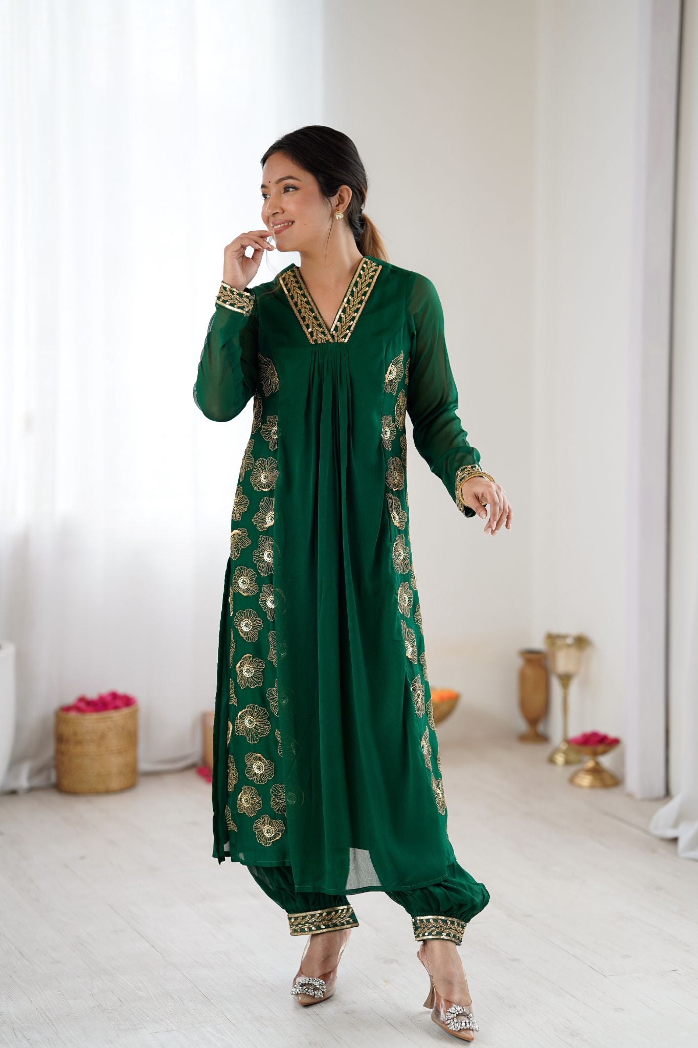 Emerald Green Floral Embroidered Designer Pure Georgette Kurta Set For Women