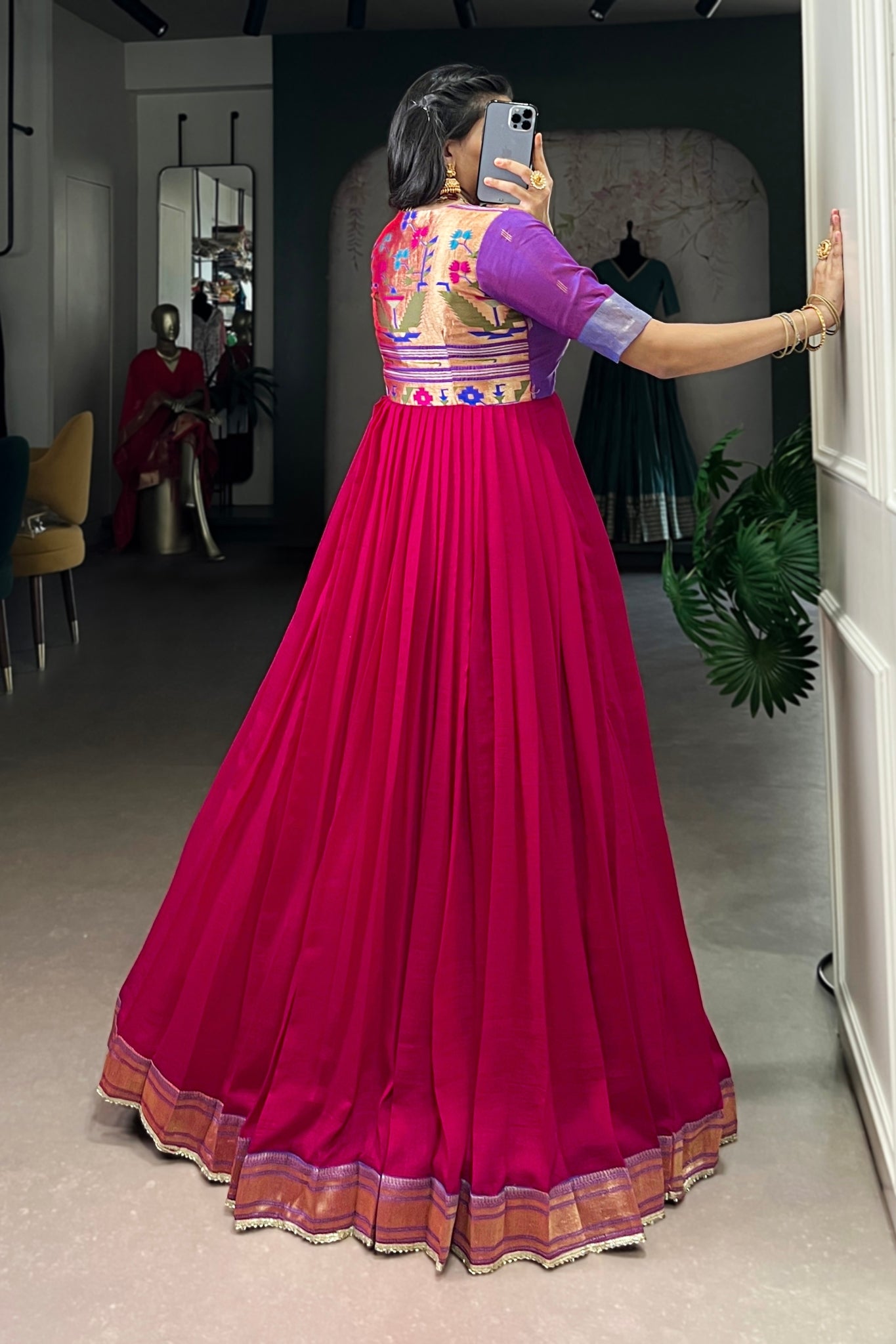 Premium Pink Vichitra Silk Zari Woven Flared Dress With Lace Detailing