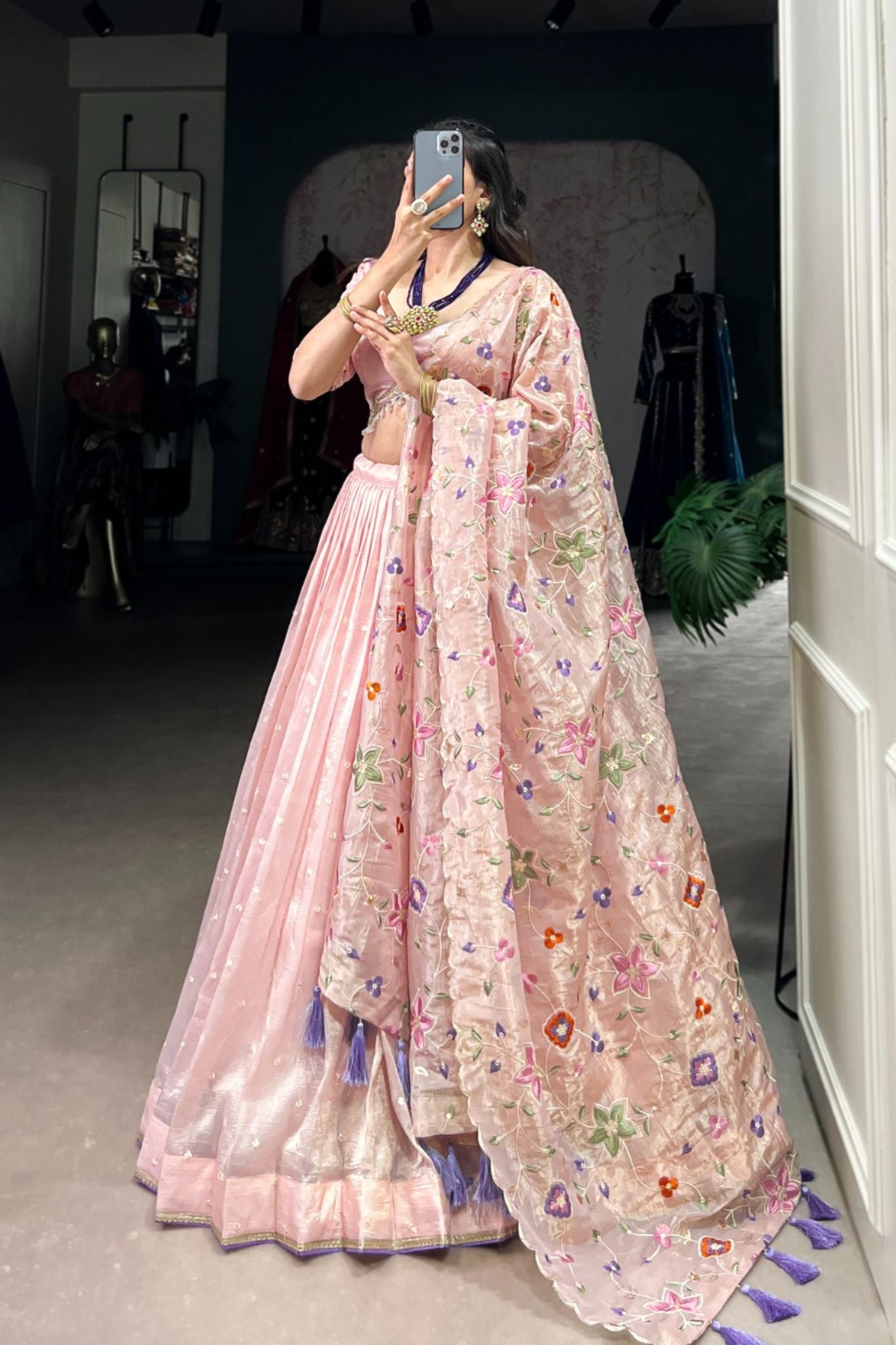 Light Pink Thread Embroidered Gold Crush Lehenga Set For Wedding