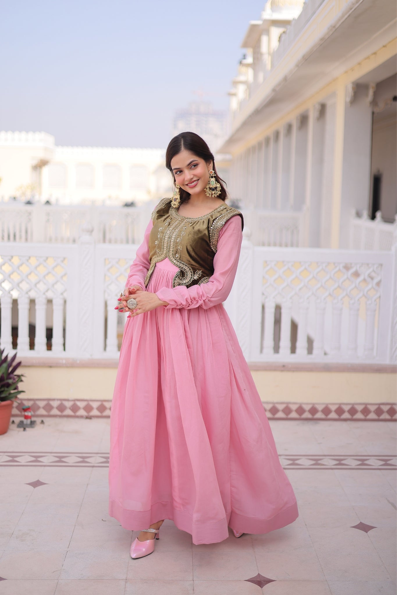 Mal Chanderi Anarkali Gown With Velvet Koti For Women