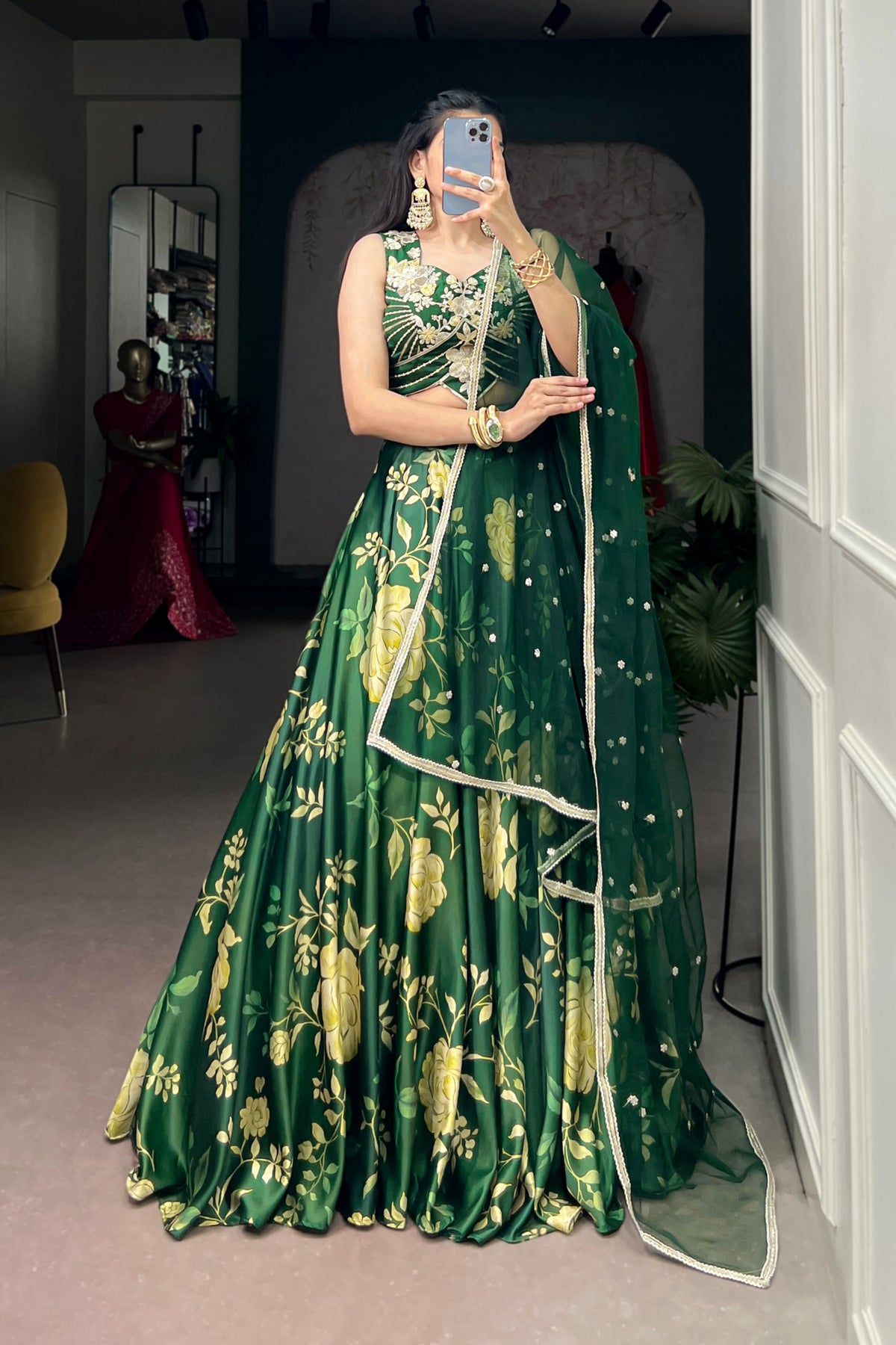 Green Satin Silk Floral Print Designer Embroidered Lehenga Choli