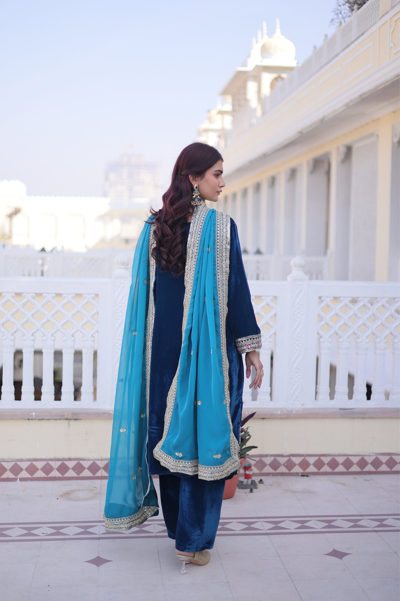 Designer Velvet Kurta Suit With Rich Zari And Thread Embroidery