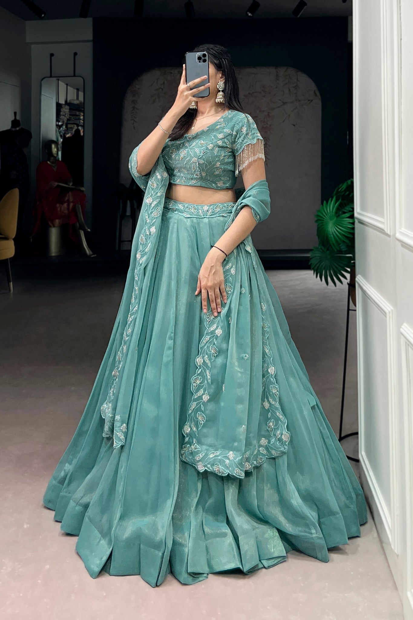 Premium Sea Green Beads With Thread Embroidered Work Lehenga Choli