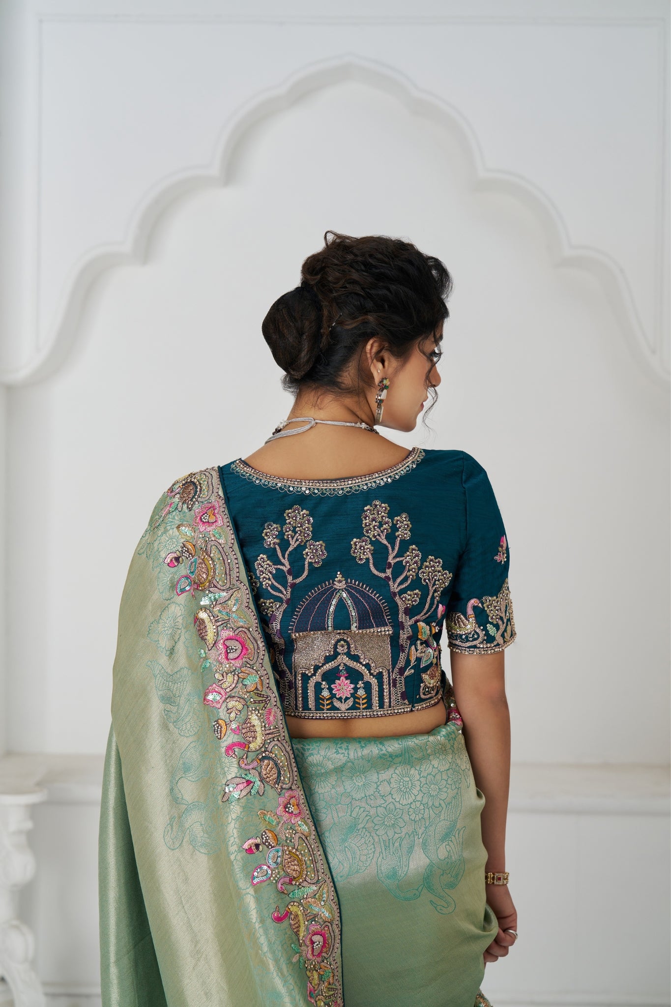 Green Luxury Wedding Saree With Multi-Thread Bead Embroidery & Sequin Work