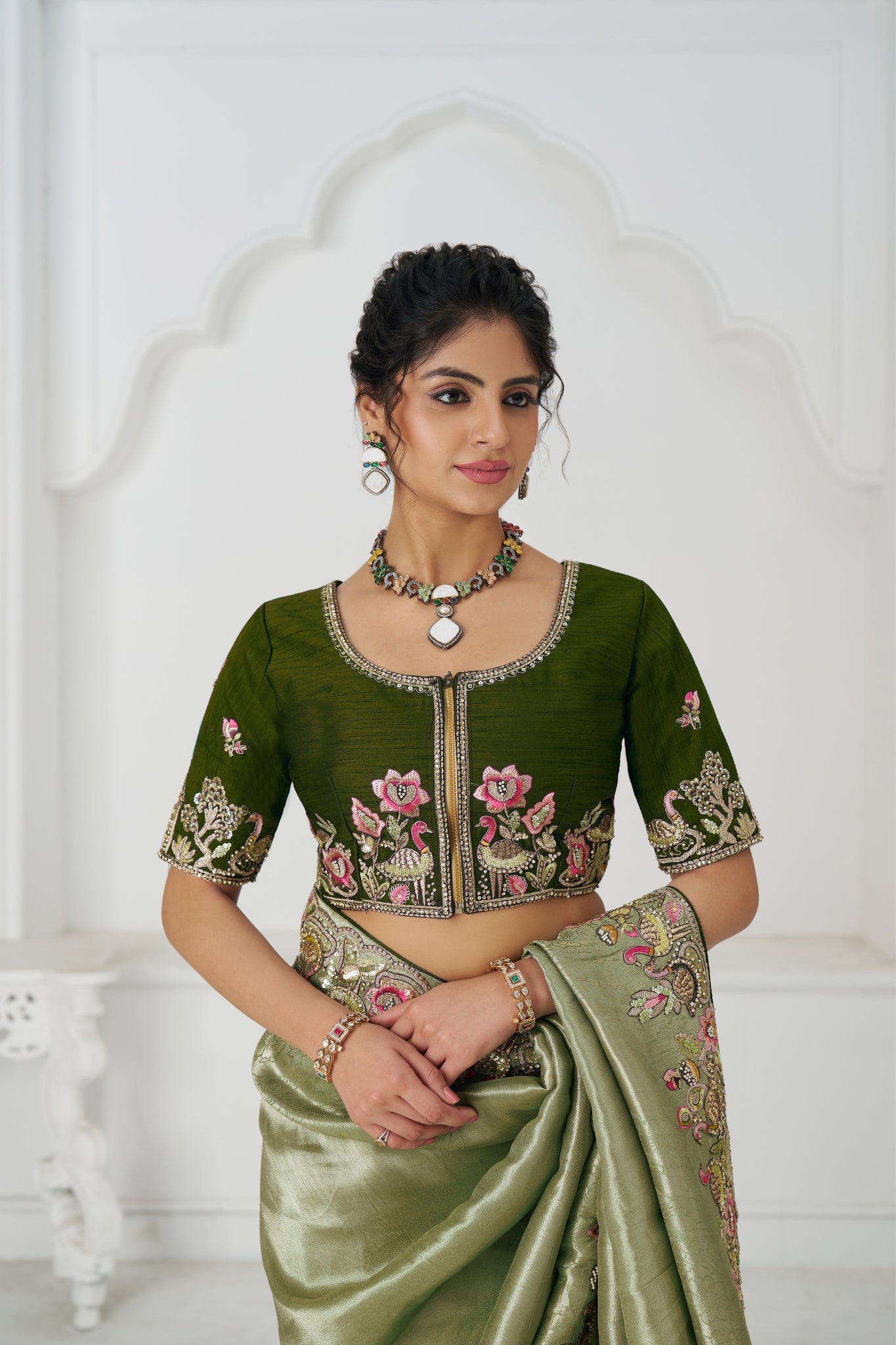 Mehndi Luxury Wedding Saree With Multi-Thread Bead Embroidery & Sequin Work