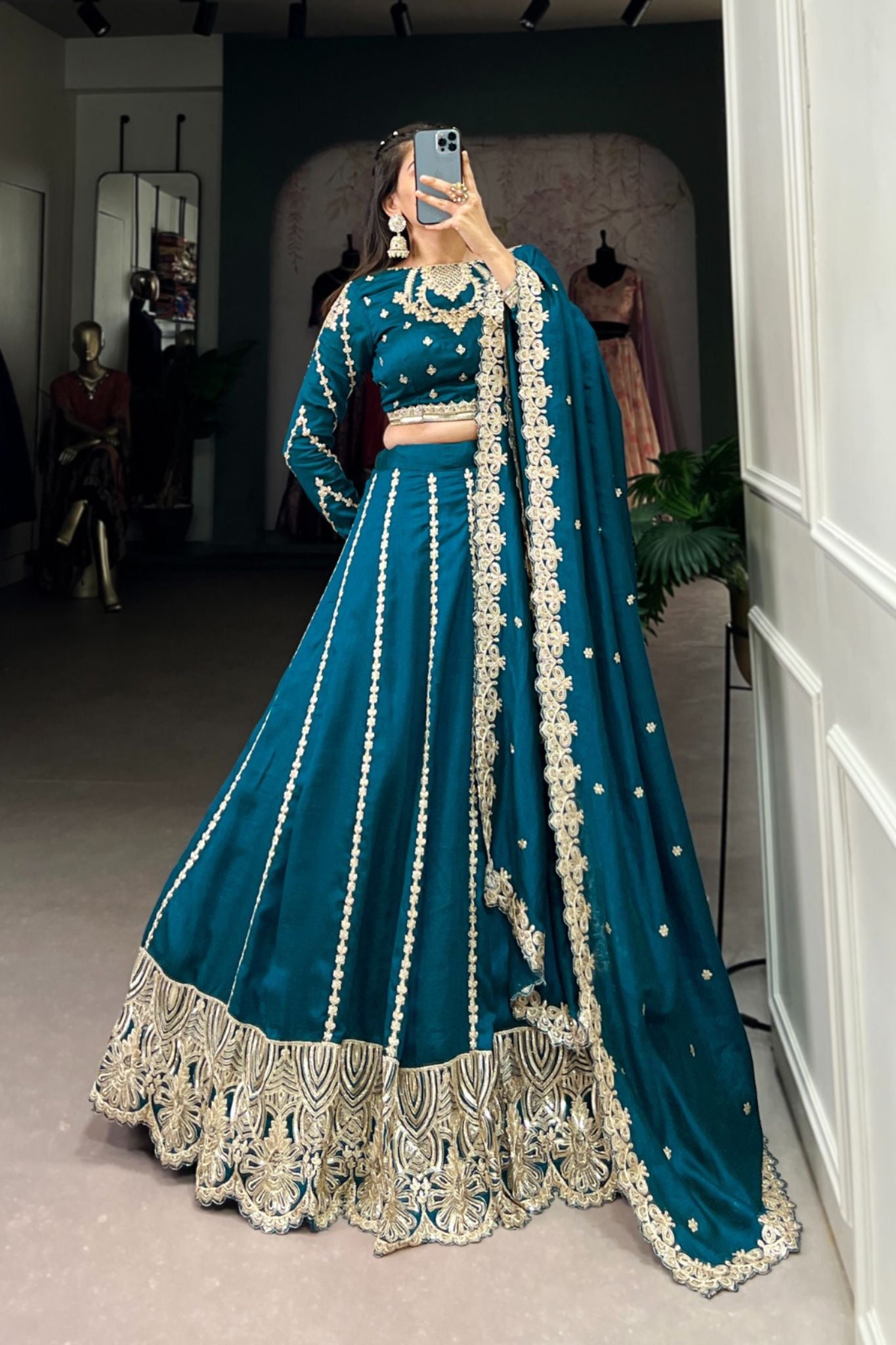 Firozi Silk Sequins Tread Embroidery Work Lehenga Choli