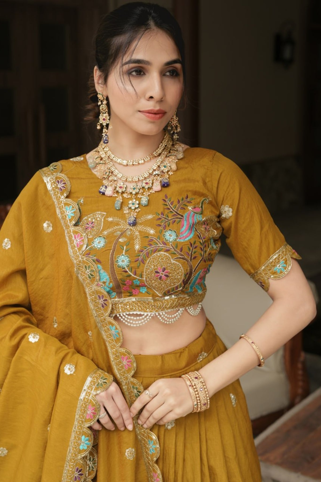Royal Mustard Haldi Designer Lehenga Choli With Multicolor Embroidery And Designer Dupatta