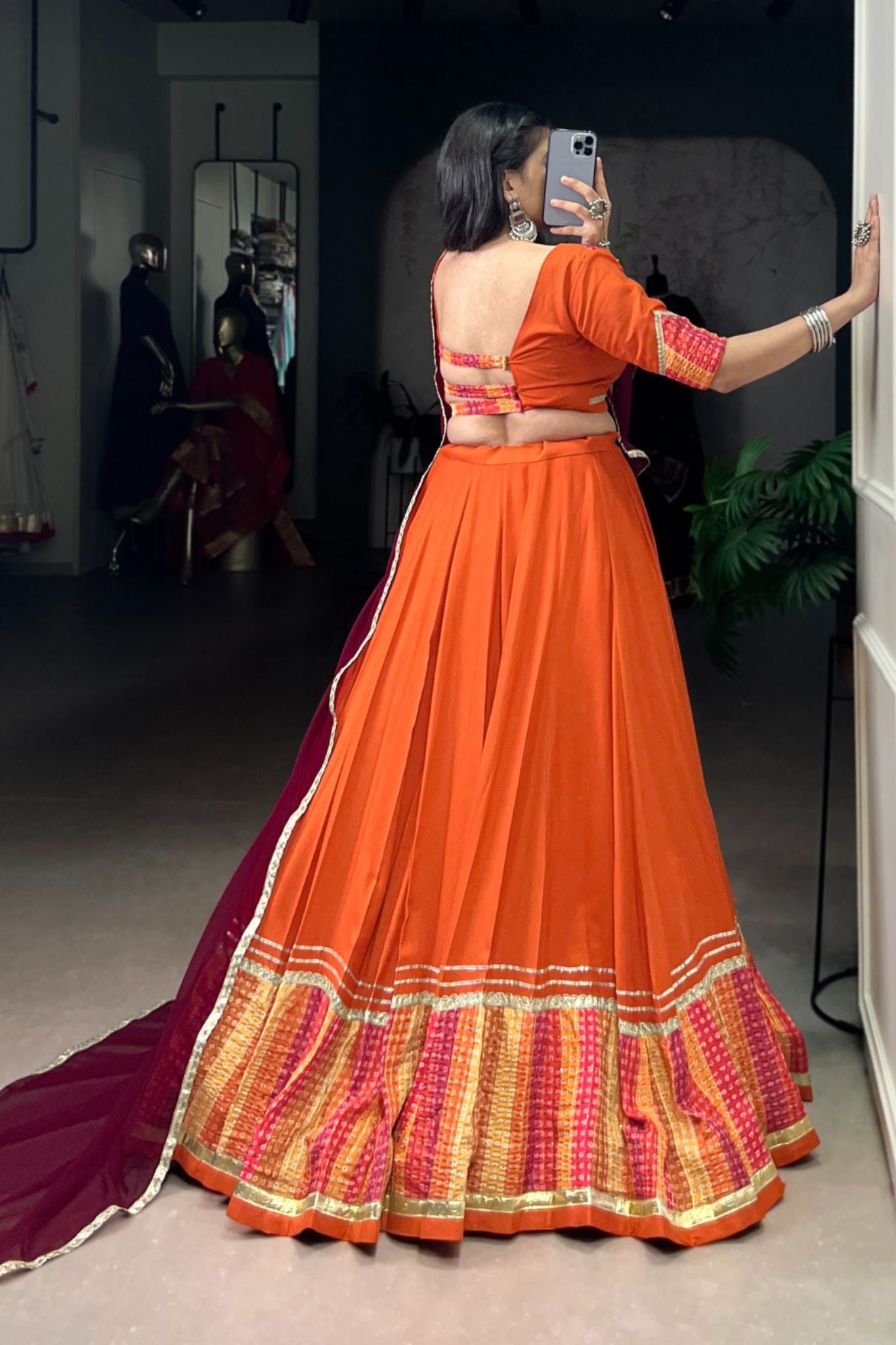 Vibrant Orange Pure Rayon Bandhej Print Traditional Lehenga Choli