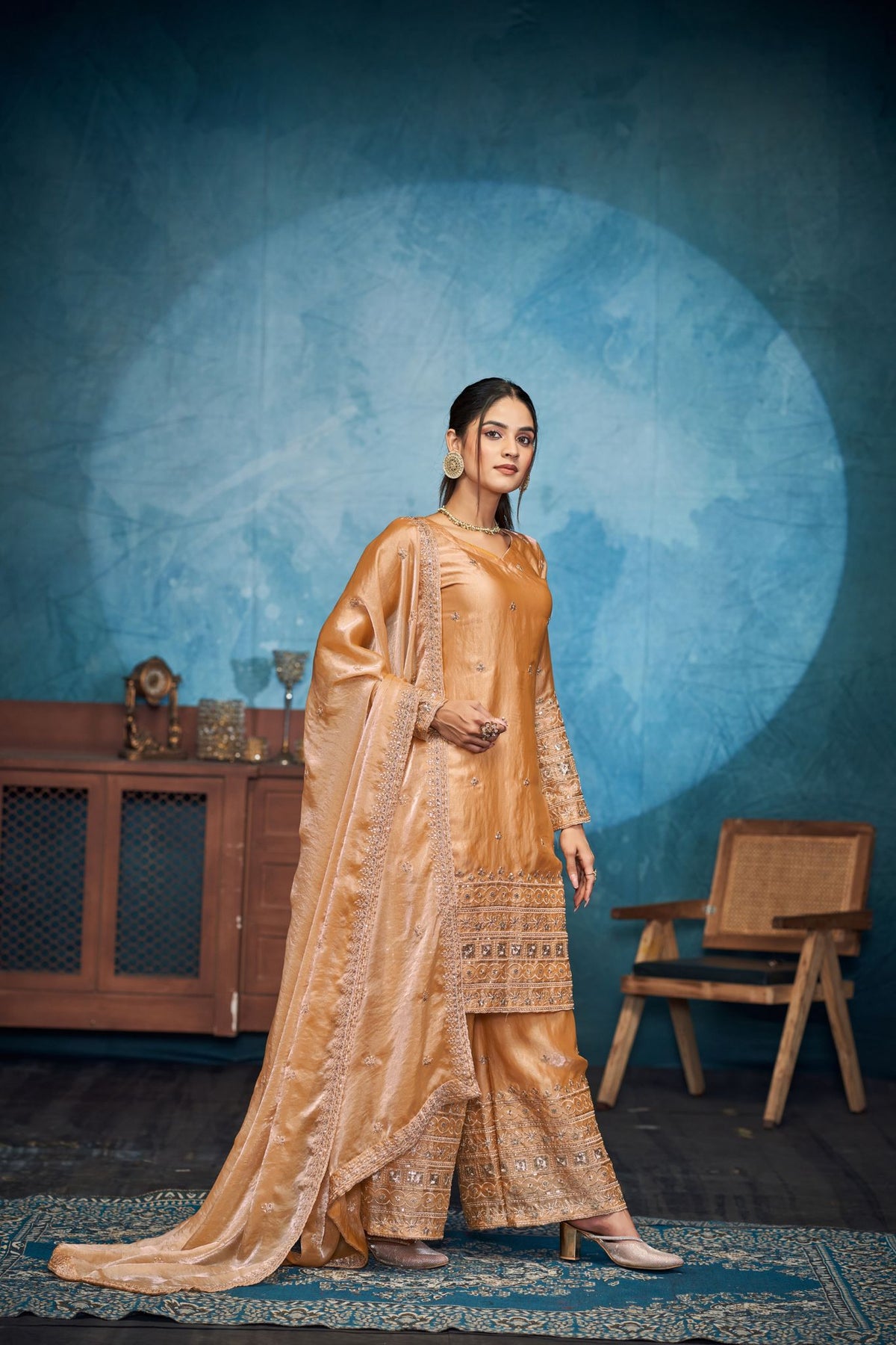 Gold Fendi Thread Embroidered With Sequins Work Sharara Set Of 3