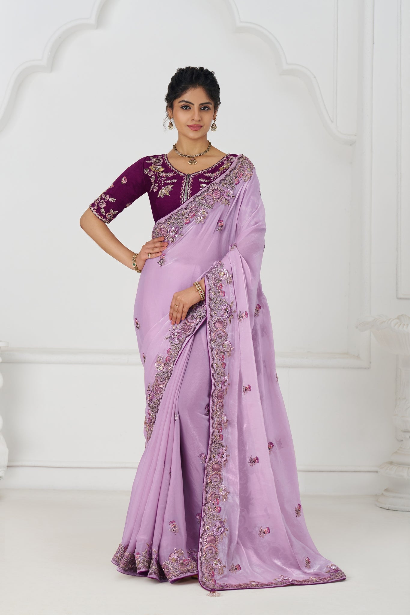 Mauve Designer Pure Fendi Silk Wedding Saree
