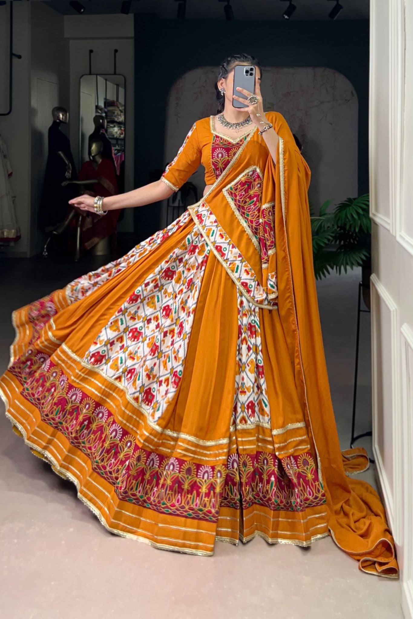 Mustard Rayon With Patola Print Silk Designer Gamthi Work Classic Lehenga Choli