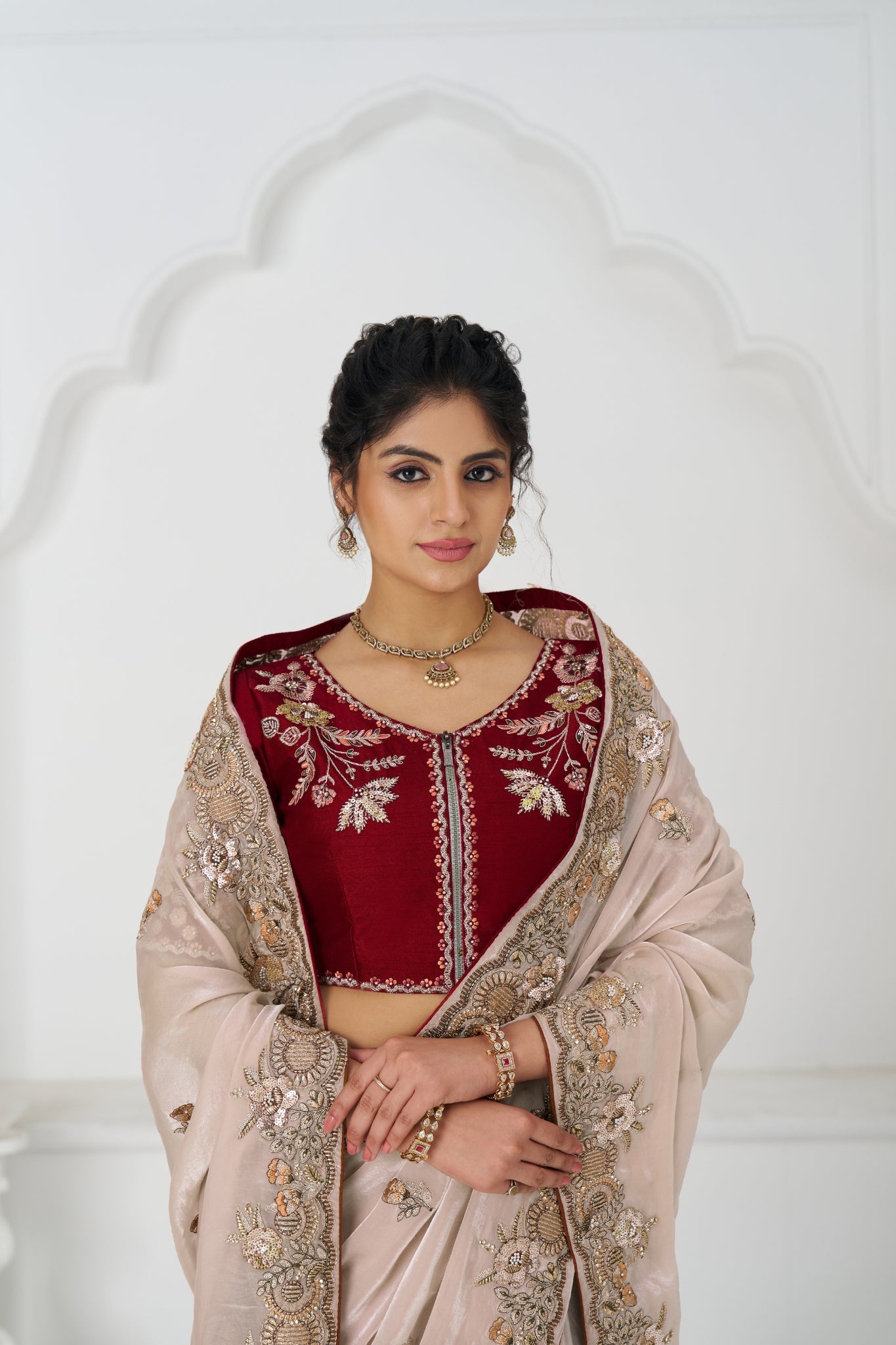 Premium Pure Fendi Silk Designer Chiku Wedding Saree