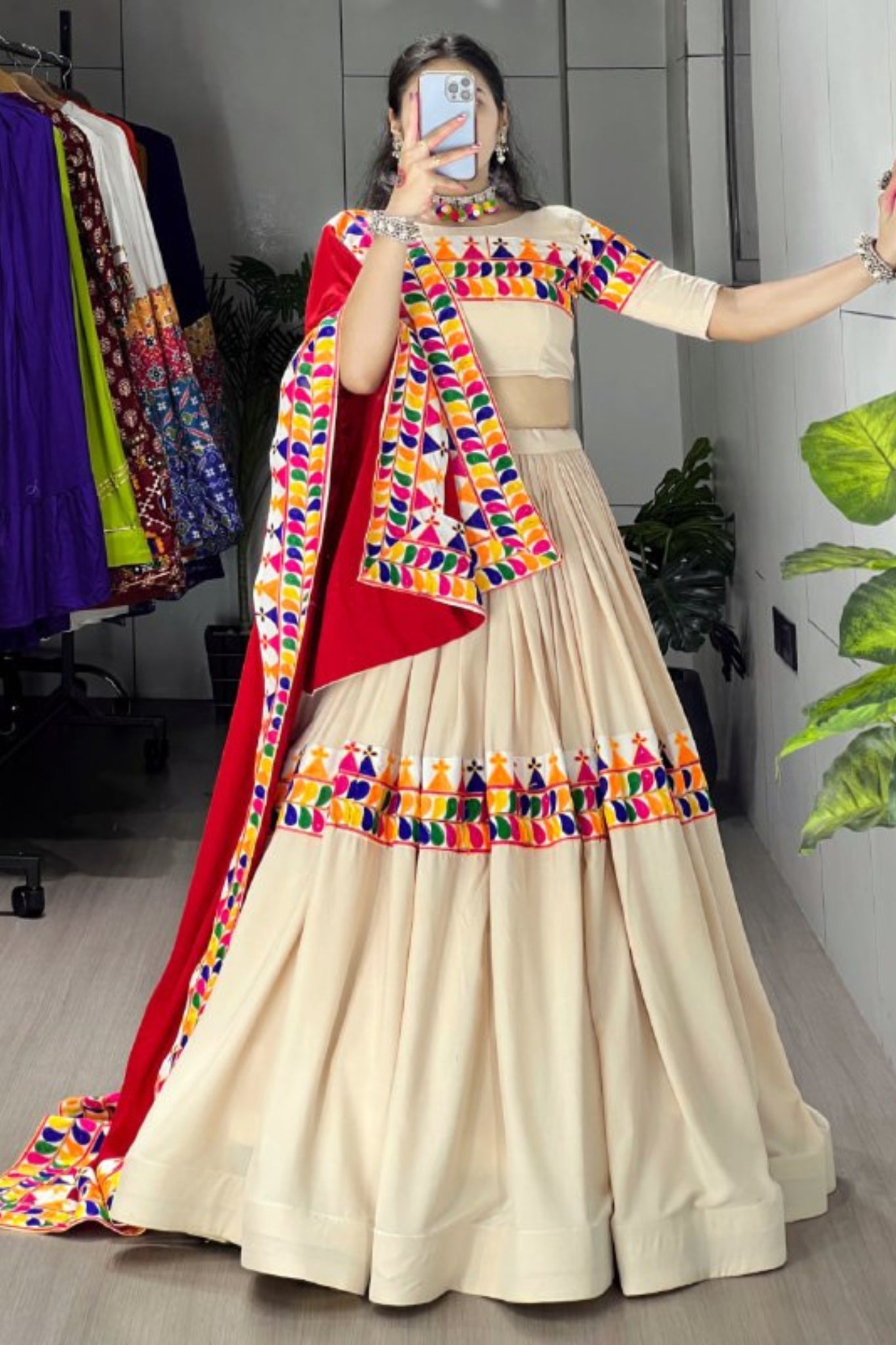 Designer Cream Navratri Lehenga Choli With Multicolor Gamthi Work And Red Rayon Cotton Dupatta