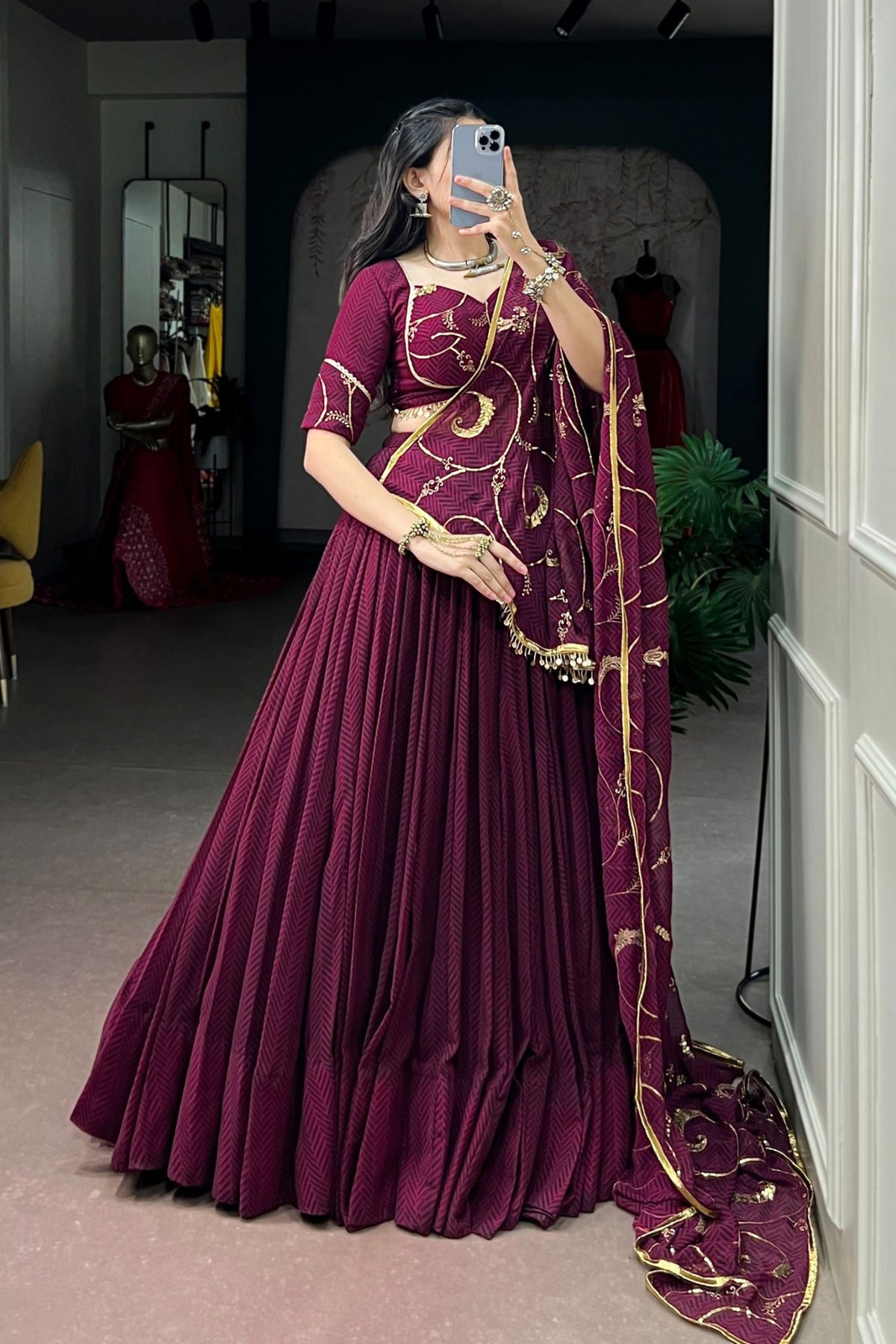 Wine Lightweight Designer Sequins Thread Embroidery Work Garba Lehenga Choli
