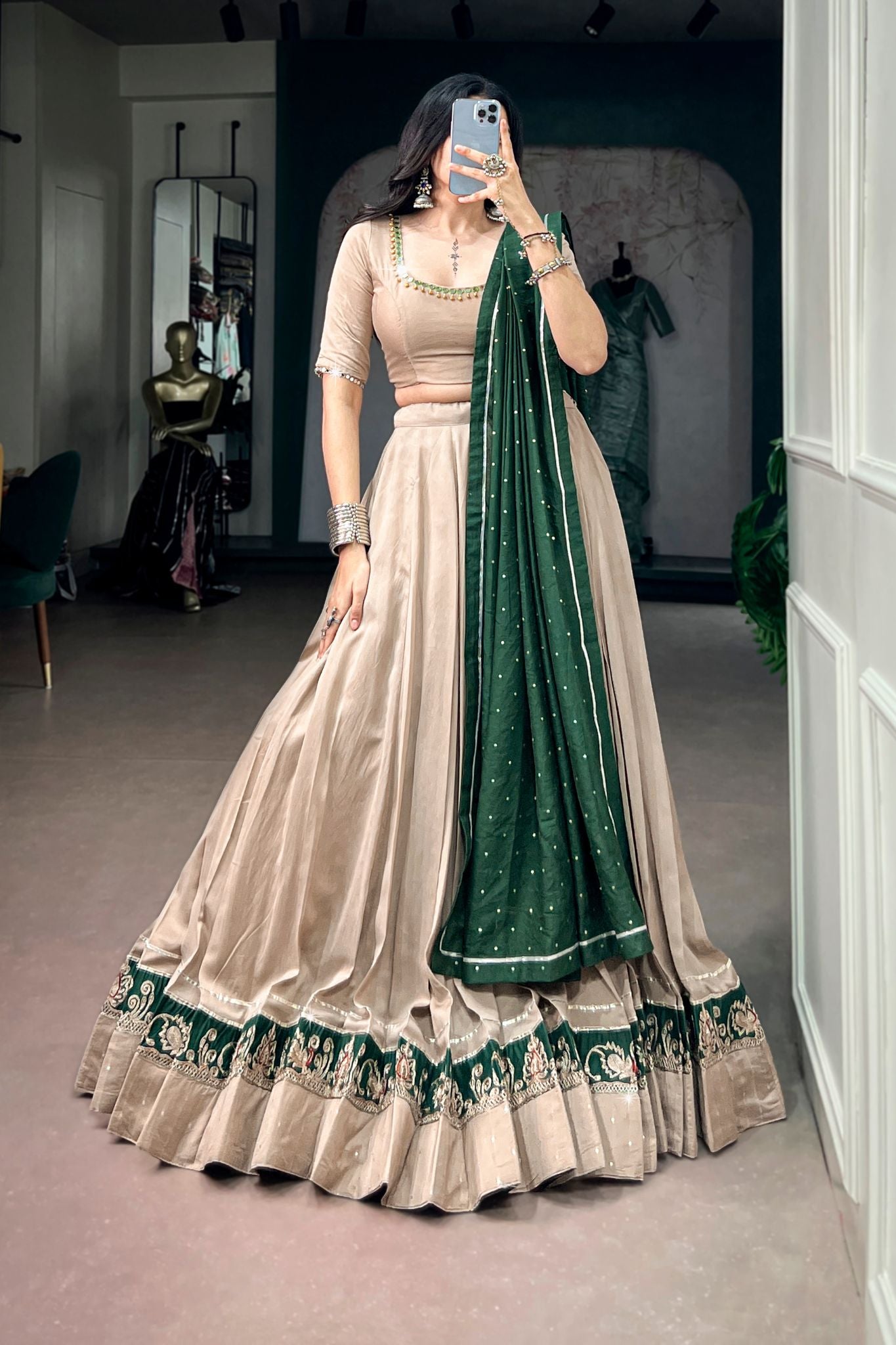 Raasrang Beige Chanderi Designer Navratri Lehenga Choli For Women