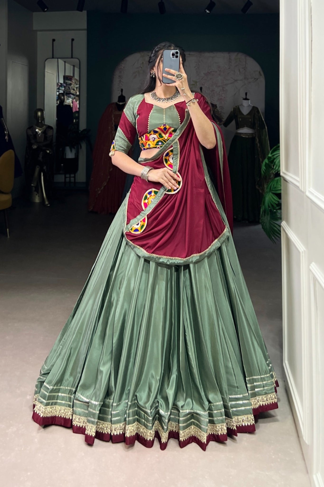 Traditional Original Mirror Gamthi Work With Embroidered Gotta Patti Lace Touch Up Navratri Lehenga Choli