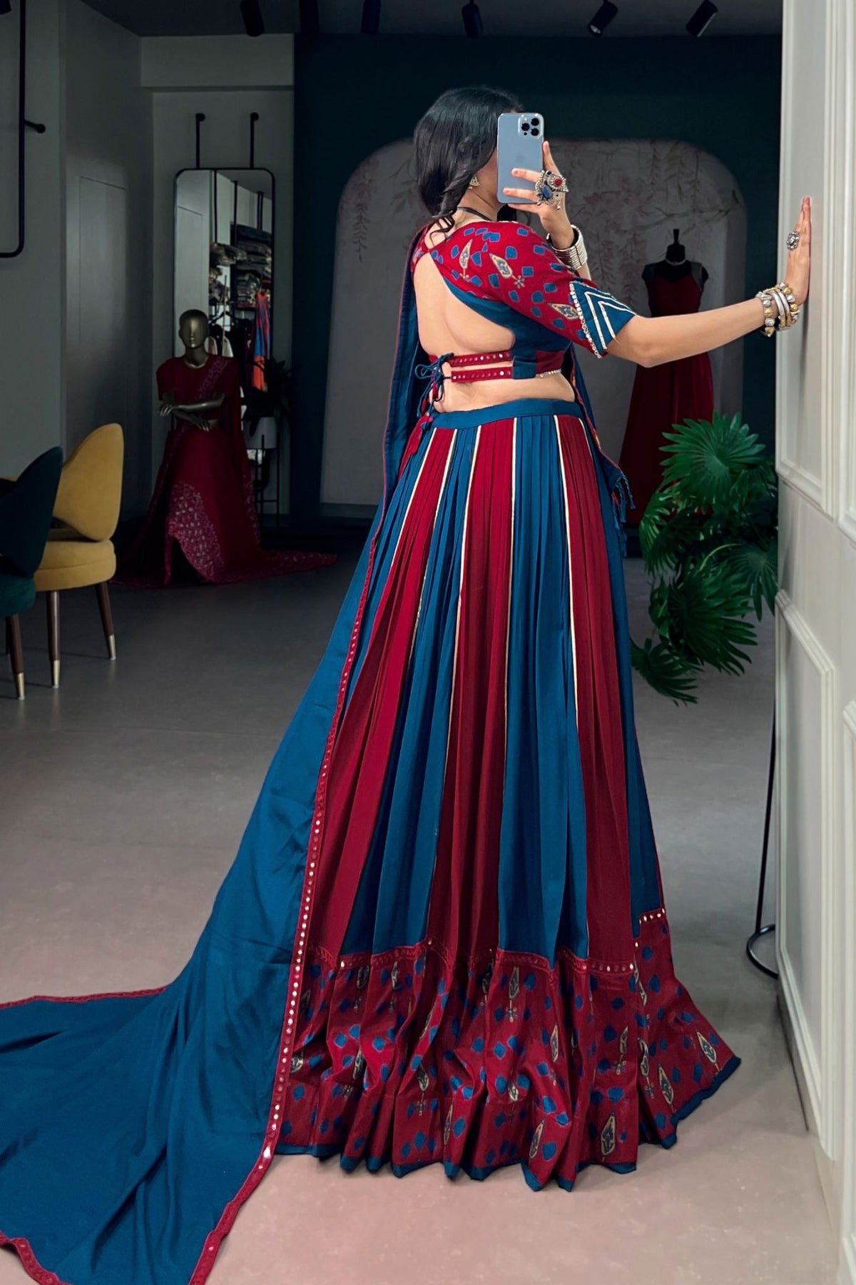 Teal Blue & Maroon Pure Rayon Gamthi Mirror Work Navratri Lehenga Choli