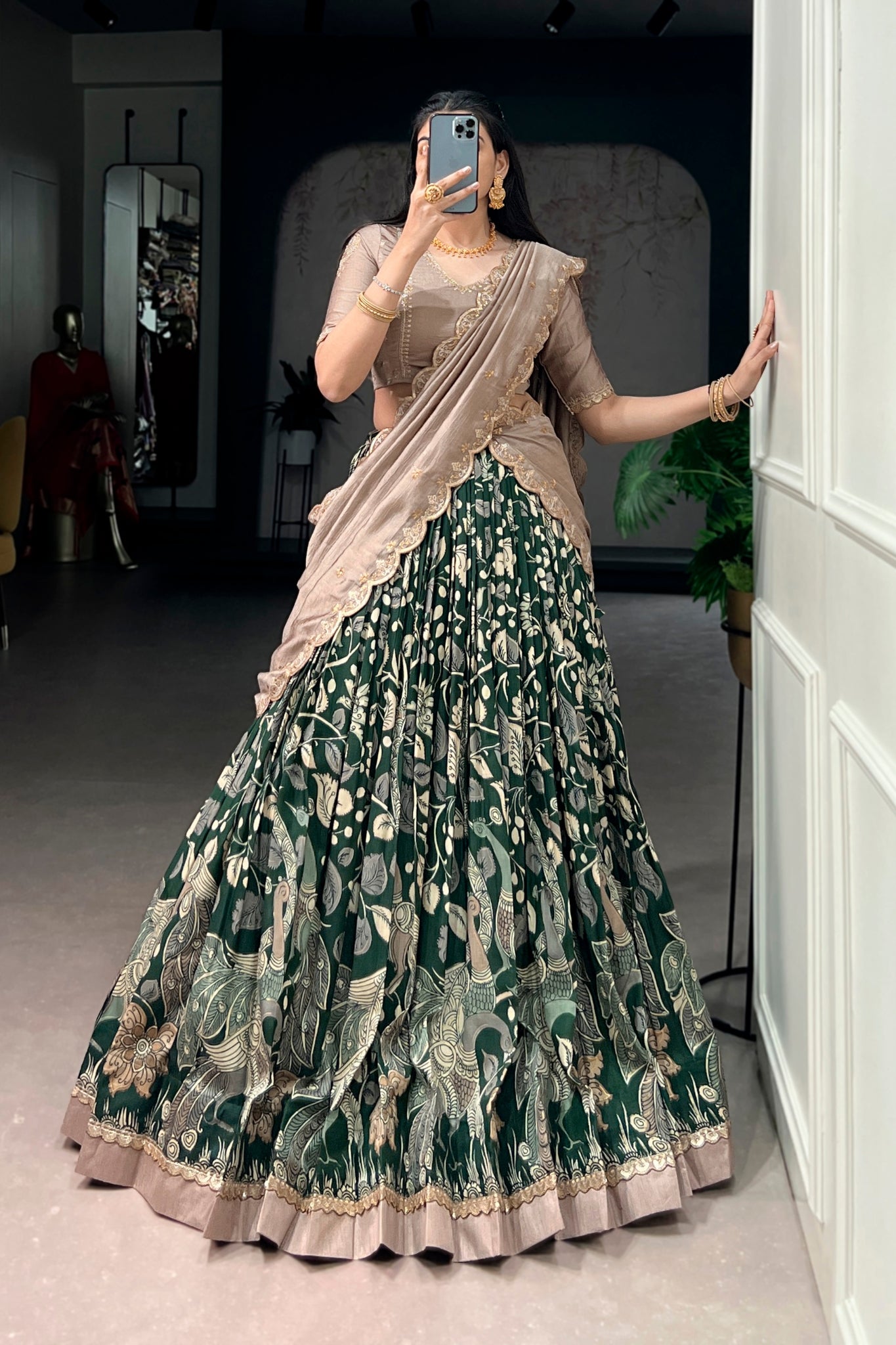 Premium Kalamkari Tasar Silk Lehenga Choli With Embroidered Dupatta