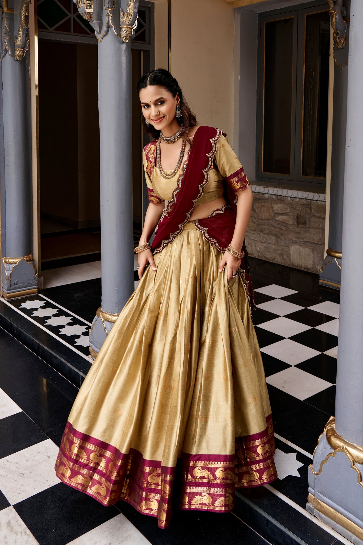 Buy South Indian Cotton Silk Lehenga Choli With Zari Woven Border