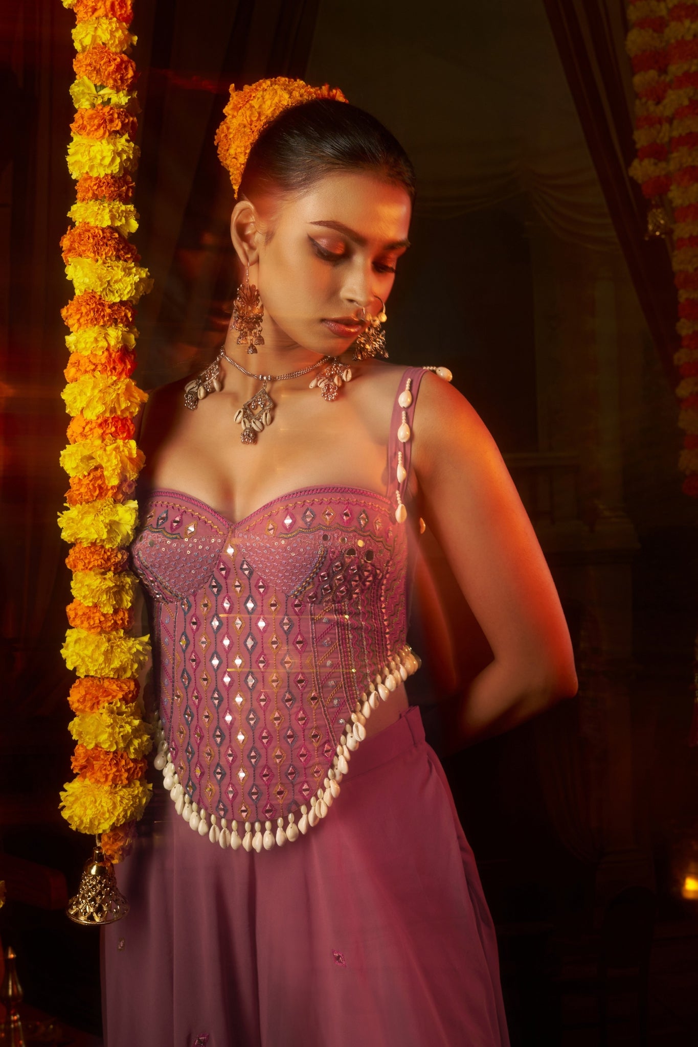 Pink Georgette Designer Festive Set With Mirror And Shell Handwork