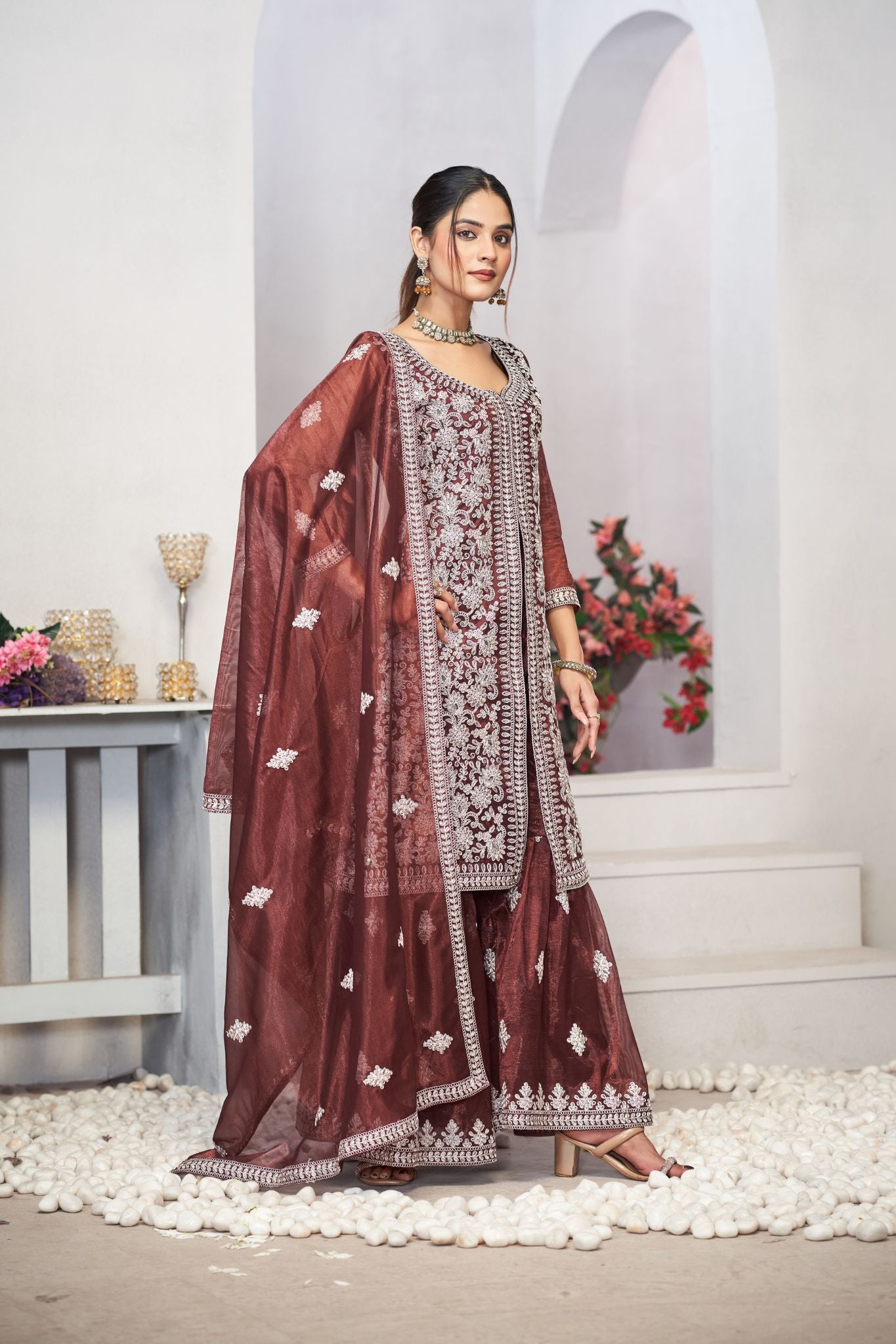 Brown Sequins Embroidered With Real Mirror Work Sharara Set Of 3