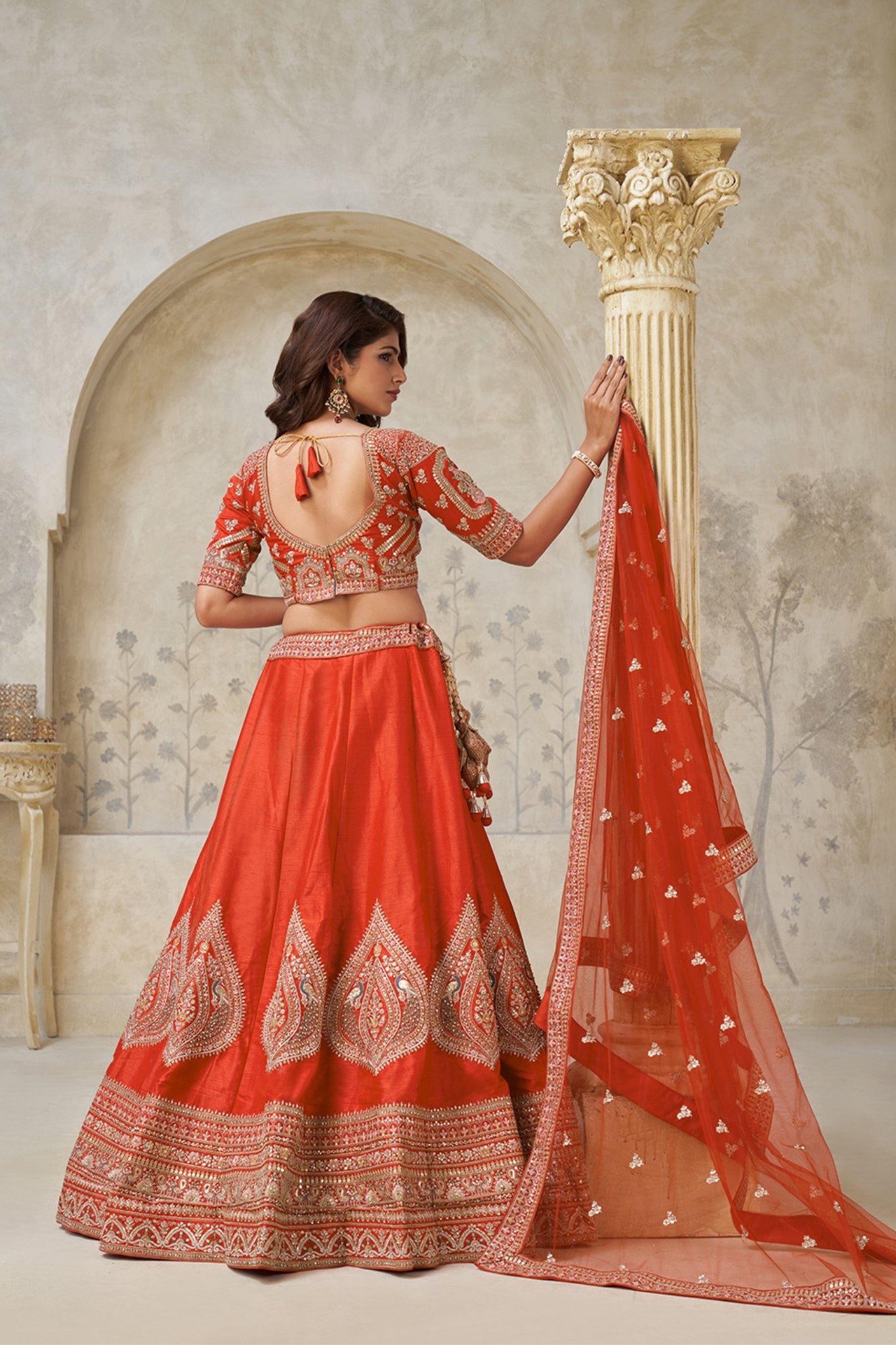 Crimson Elegance Minimalist Peacock And Leaf Motif Bridal Lehenga