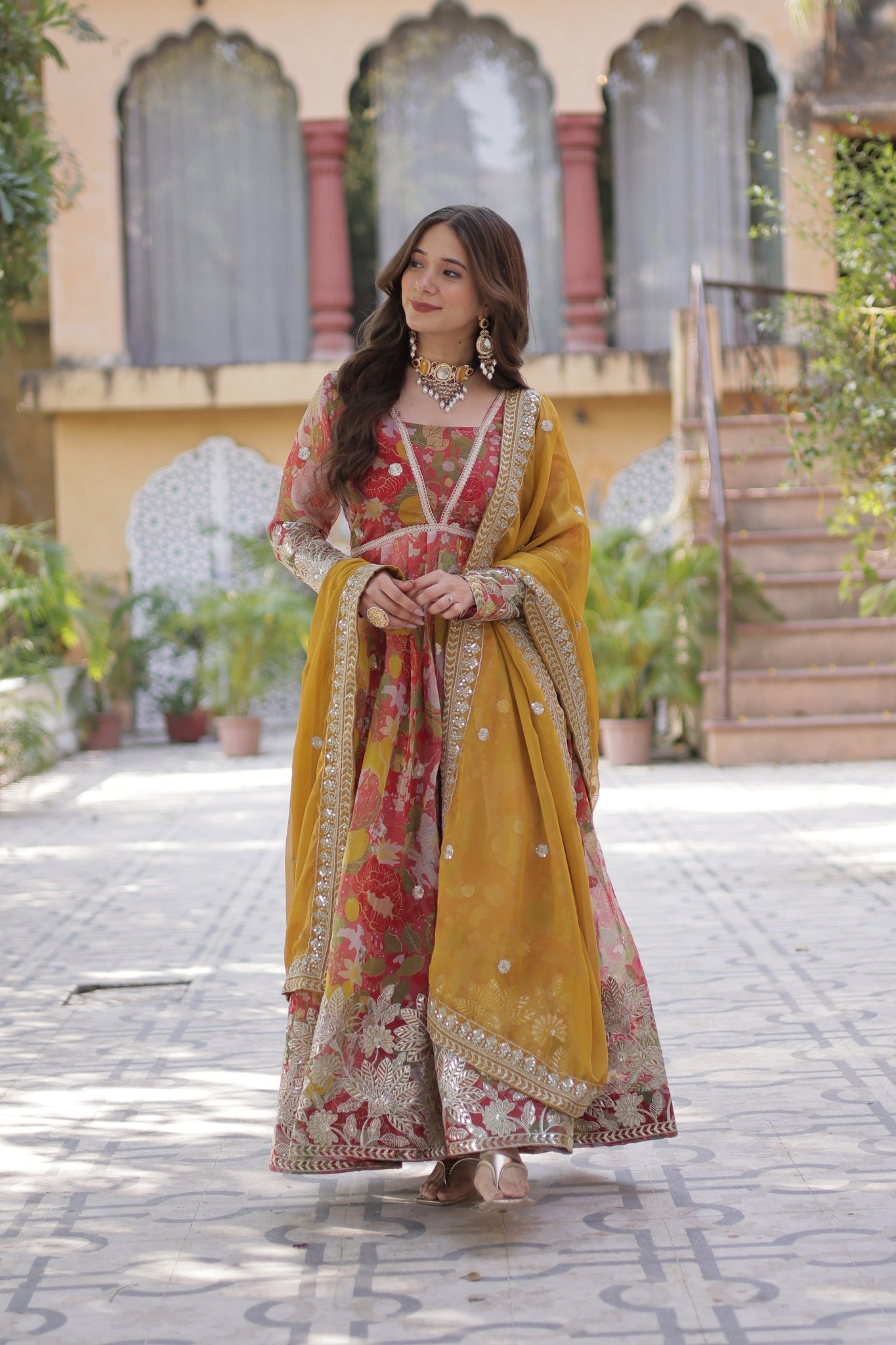 Designer Printed Gold Sequins Embroidered Work Anarkali Gown