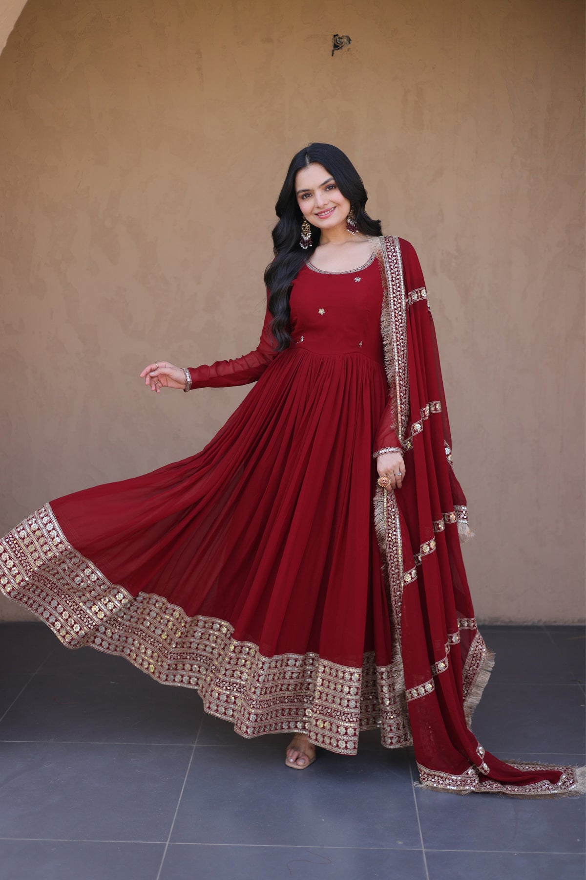 Designer Faux Blooming Anarkali Gown With Dupatta Set