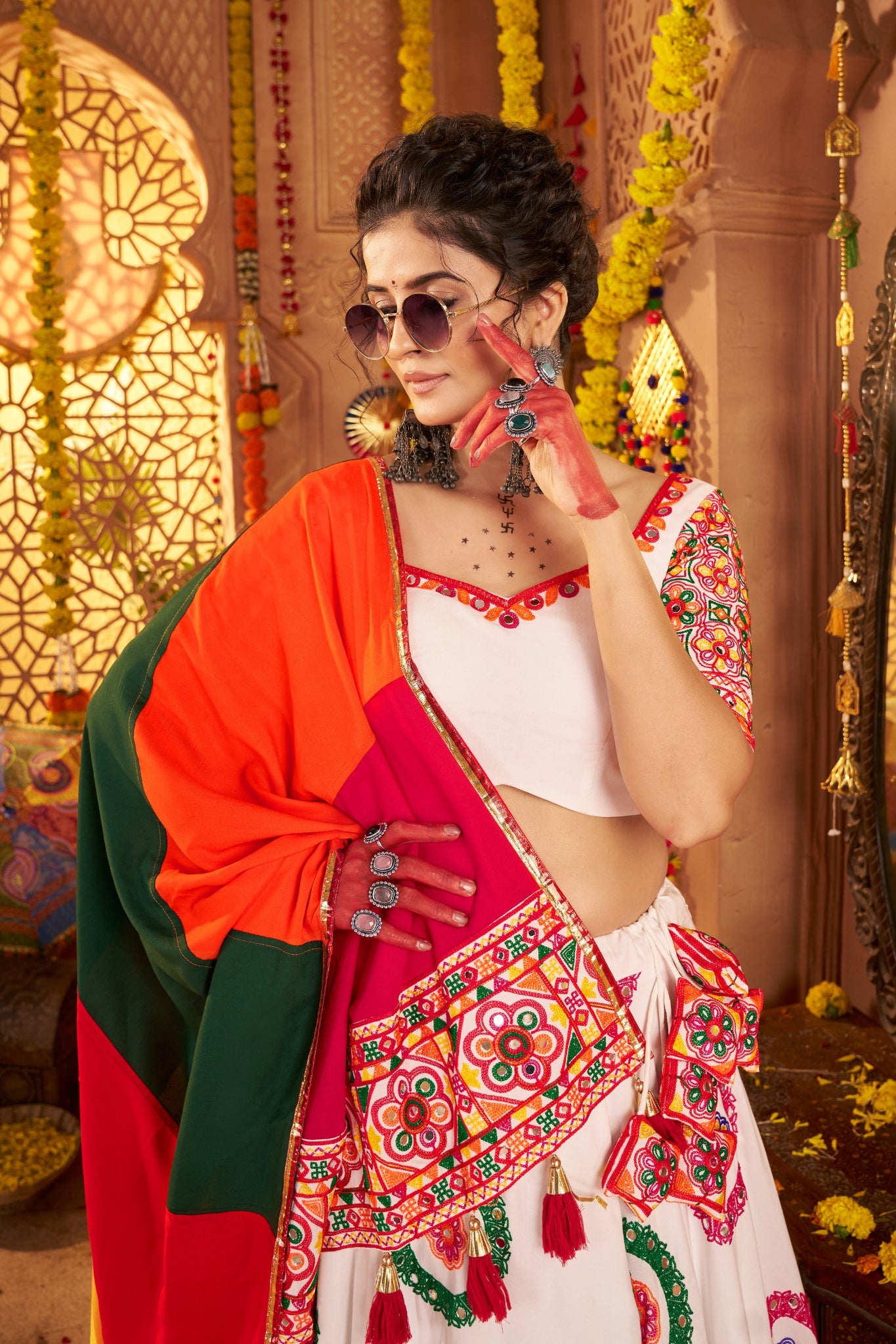 Viscose Cotton Elegant Thread Embroidered With Mirror Work Traditional Navratri Lehenga Choli