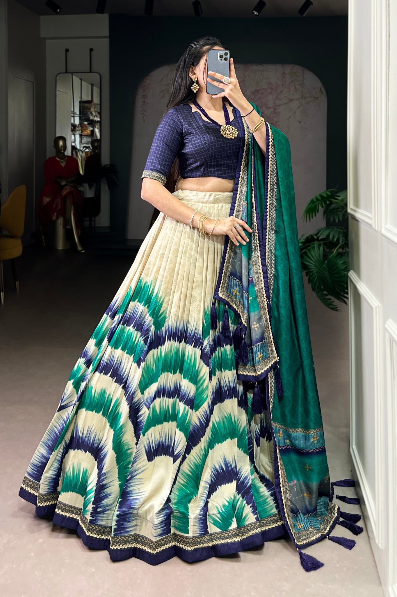 Tasar Silk Tie Dye Lehenga Set With Printed Dupatta And Chex Blouse
