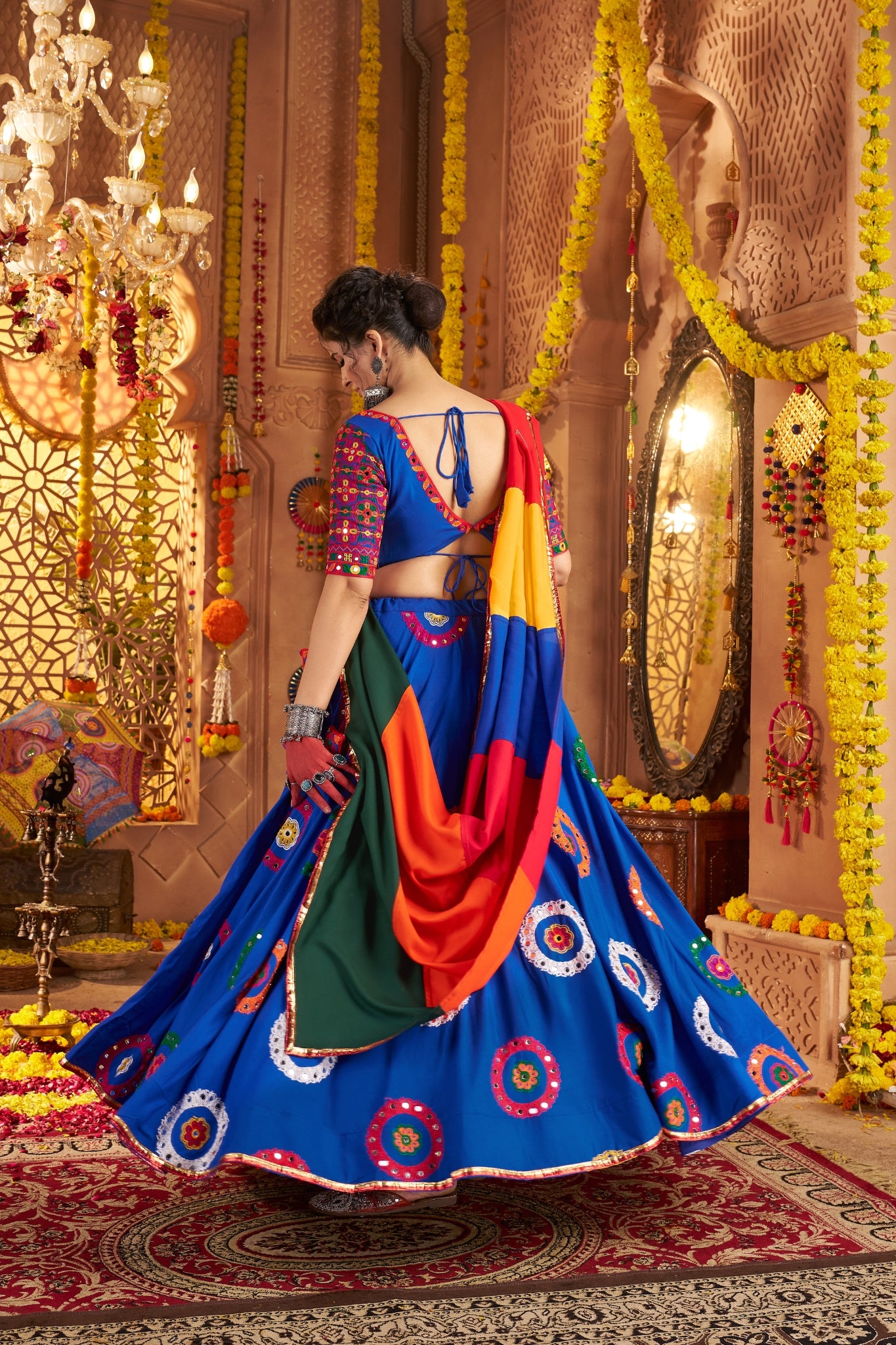 Viscose Cotton Elegant Thread Embroidered With Mirror Work Traditional Navratri Lehenga Choli