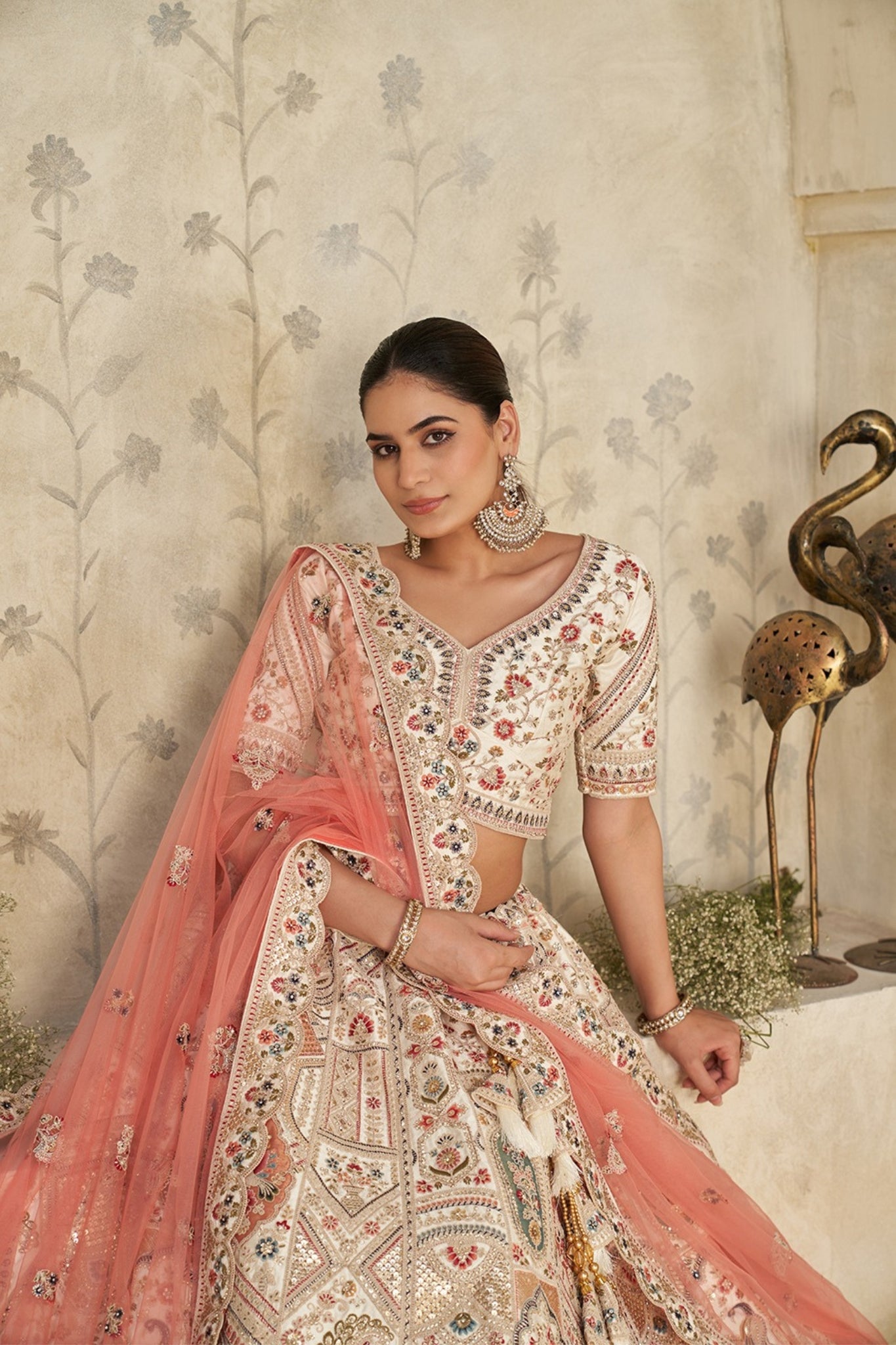 Royal Grandeur Cream Zari Embroidered Bridal Lehenga