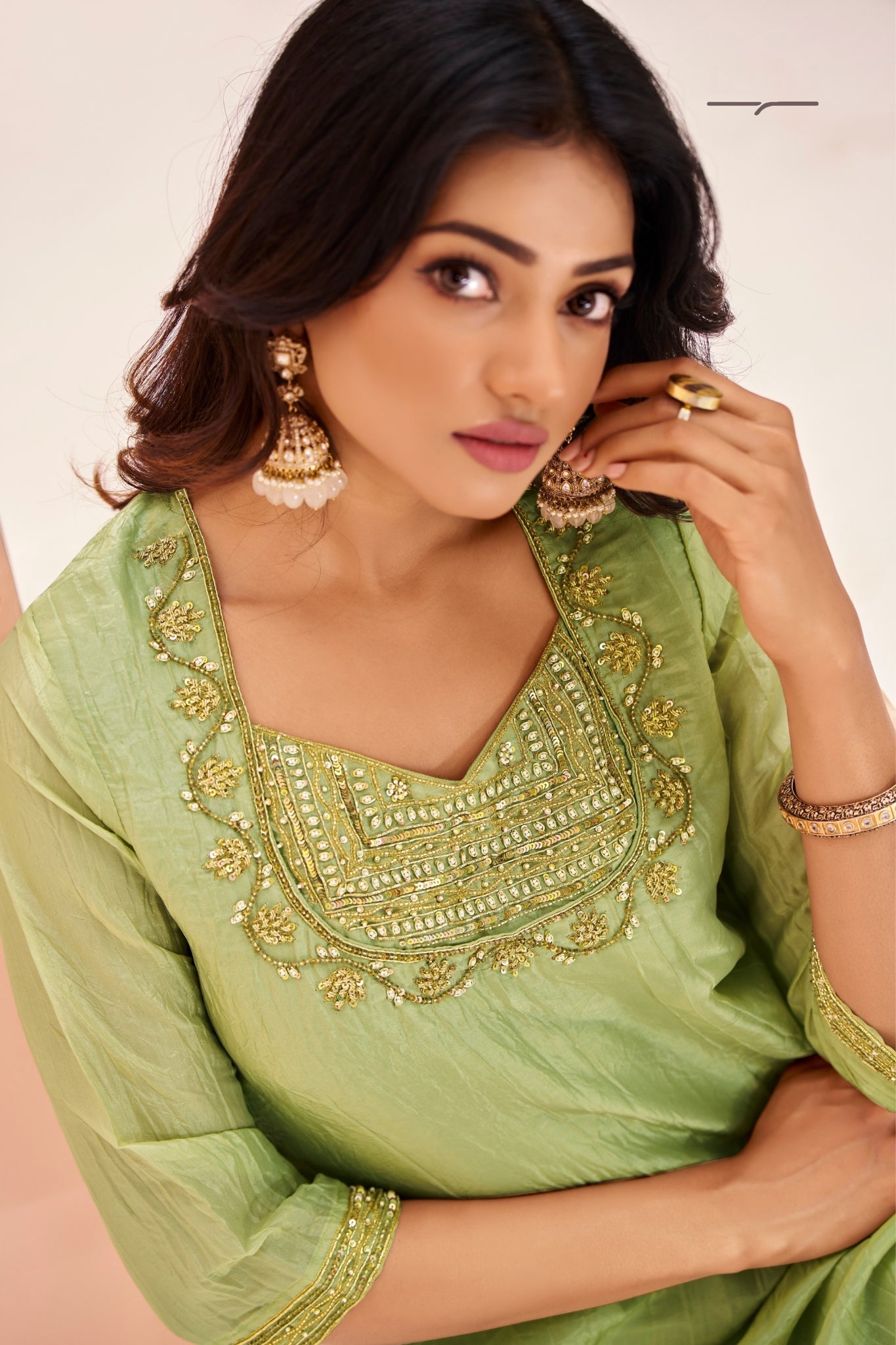 Serene Light Green Pure Organza Handwork A-Line Kurta Set
