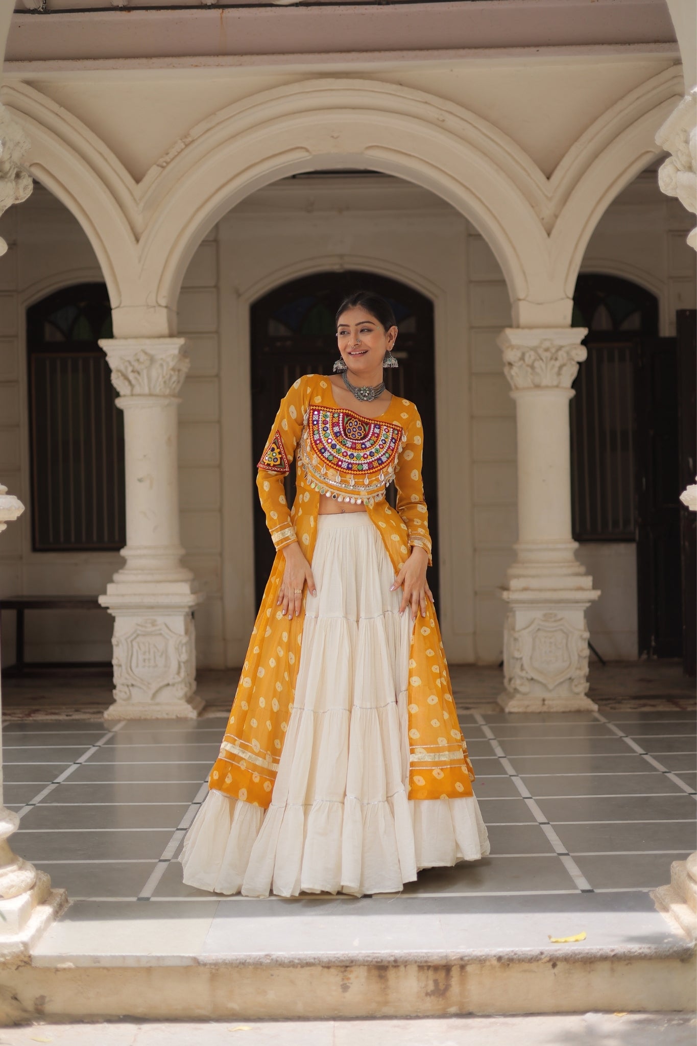 Kora Cotton Stylish Frill Stitching Beautiful Navratri Lehenga With Bandhani Printed Kurti