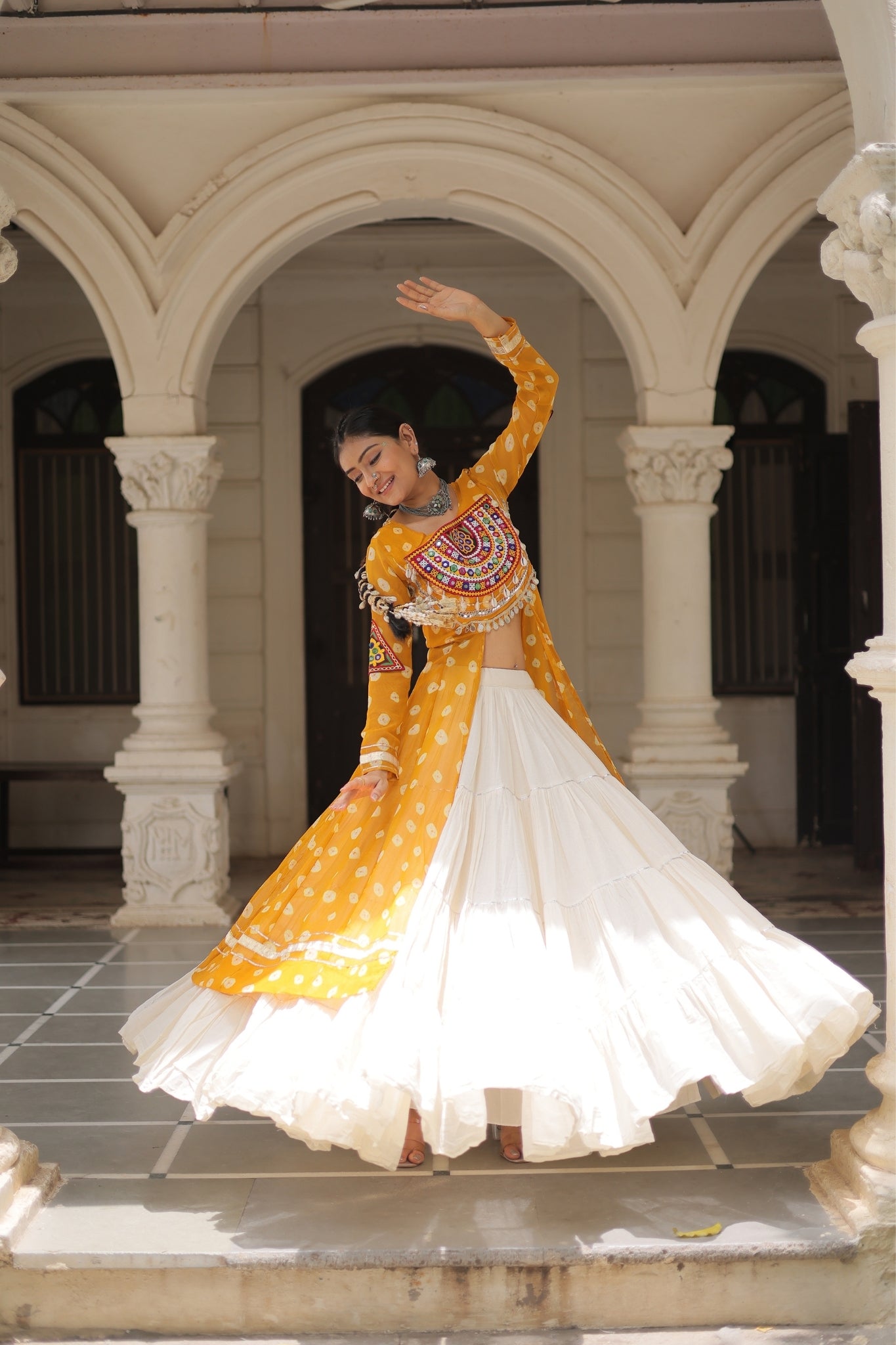 Kora Cotton Stylish Frill Stitching Beautiful Navratri Lehenga With Bandhani Printed Kurti
