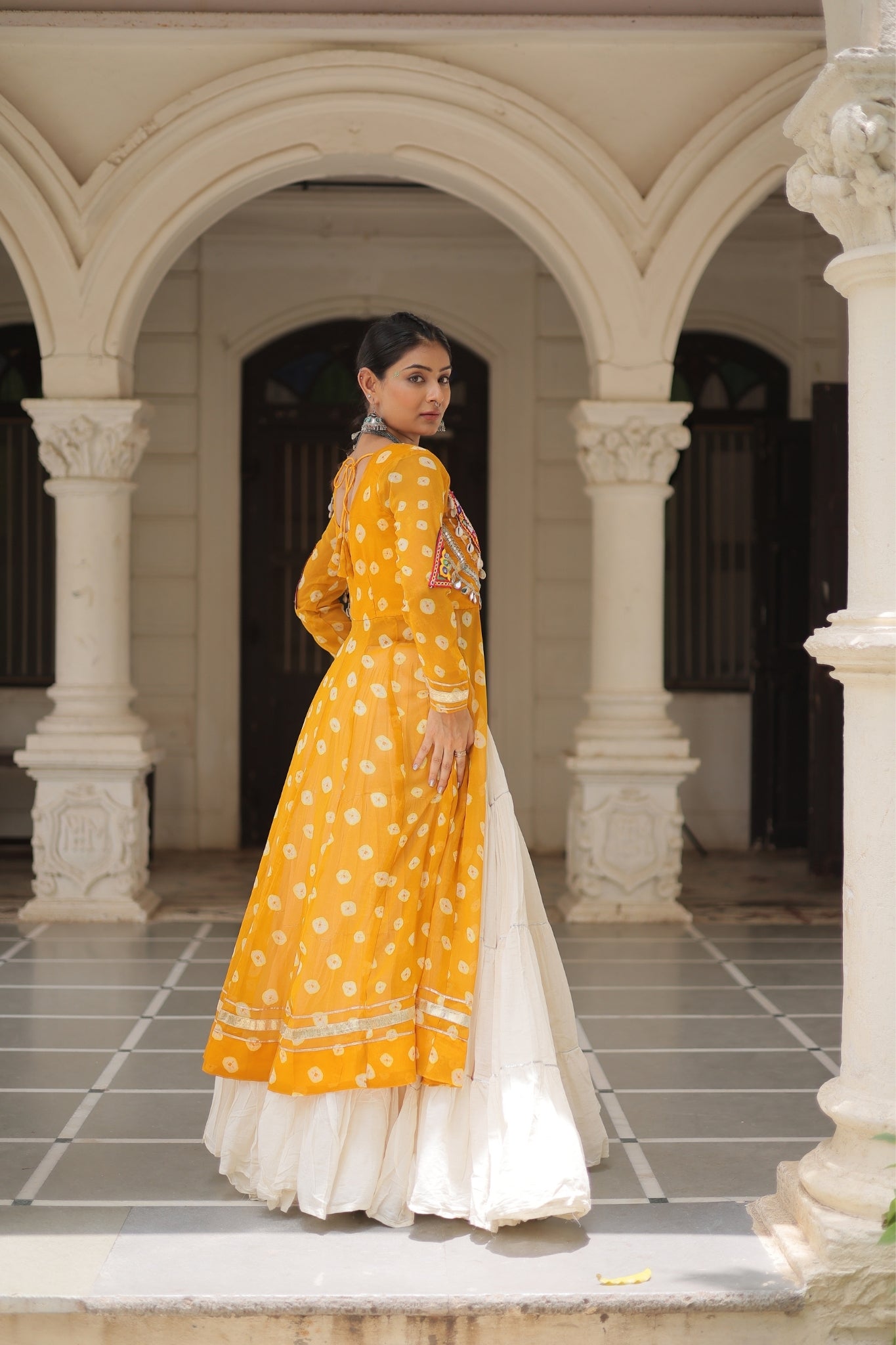 Kora Cotton Stylish Frill Stitching Beautiful Navratri Lehenga With Bandhani Printed Kurti