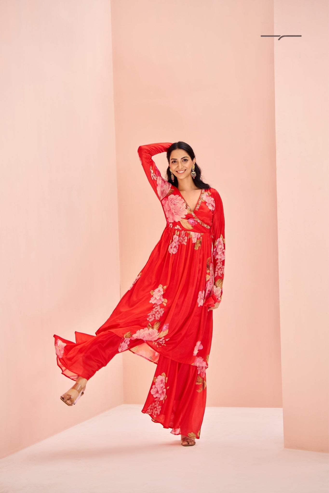 Red Floral Chinon Kurta Set