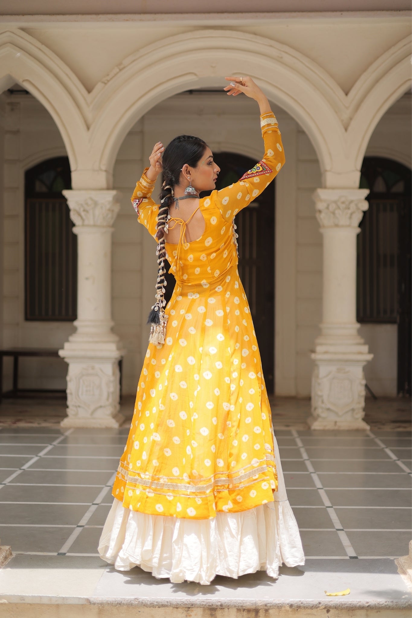 Kora Cotton Stylish Frill Stitching Beautiful Navratri Lehenga With Bandhani Printed Kurti