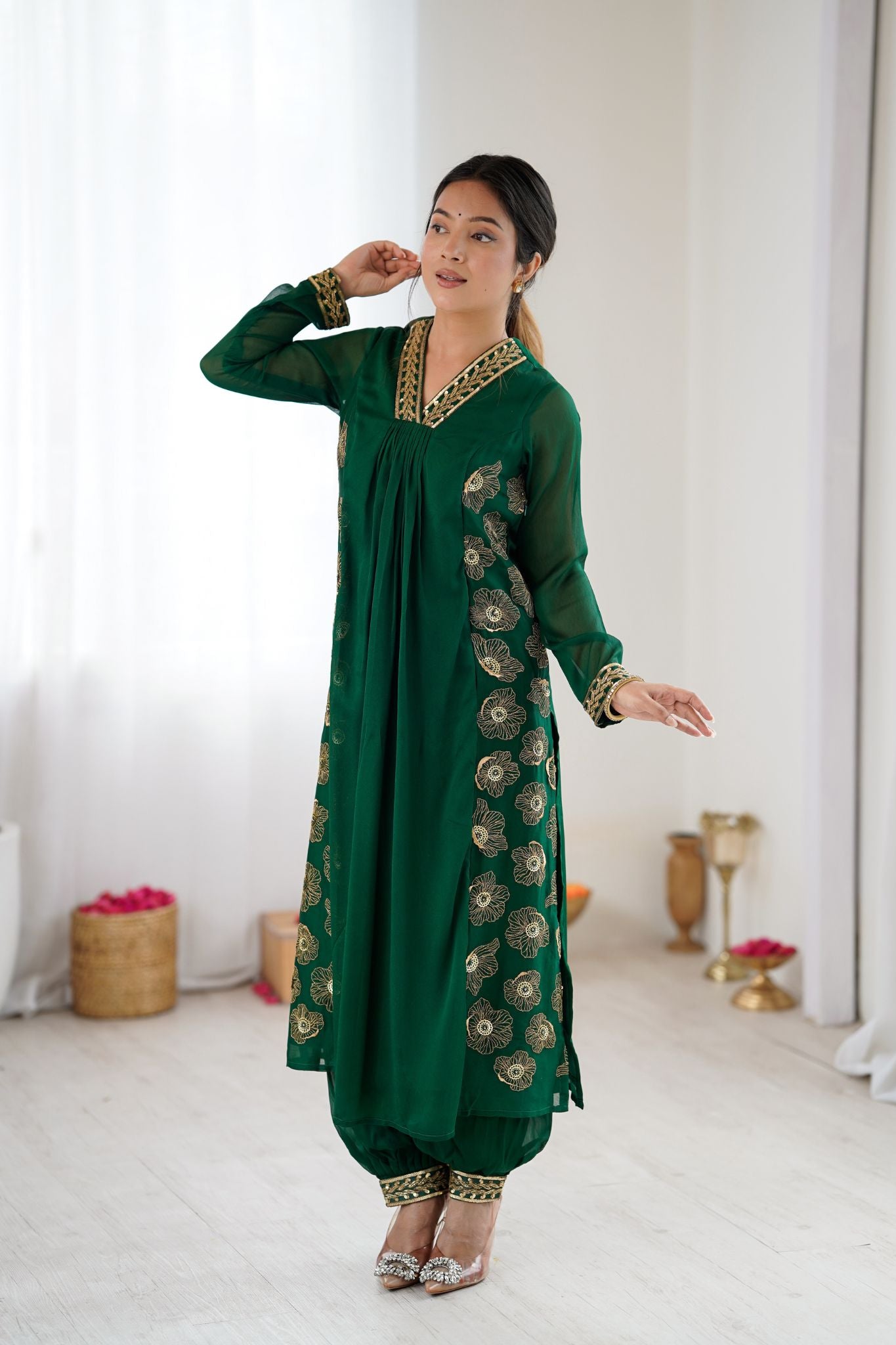 Emerald Green Floral Embroidered Designer Pure Georgette Kurta Set For Women