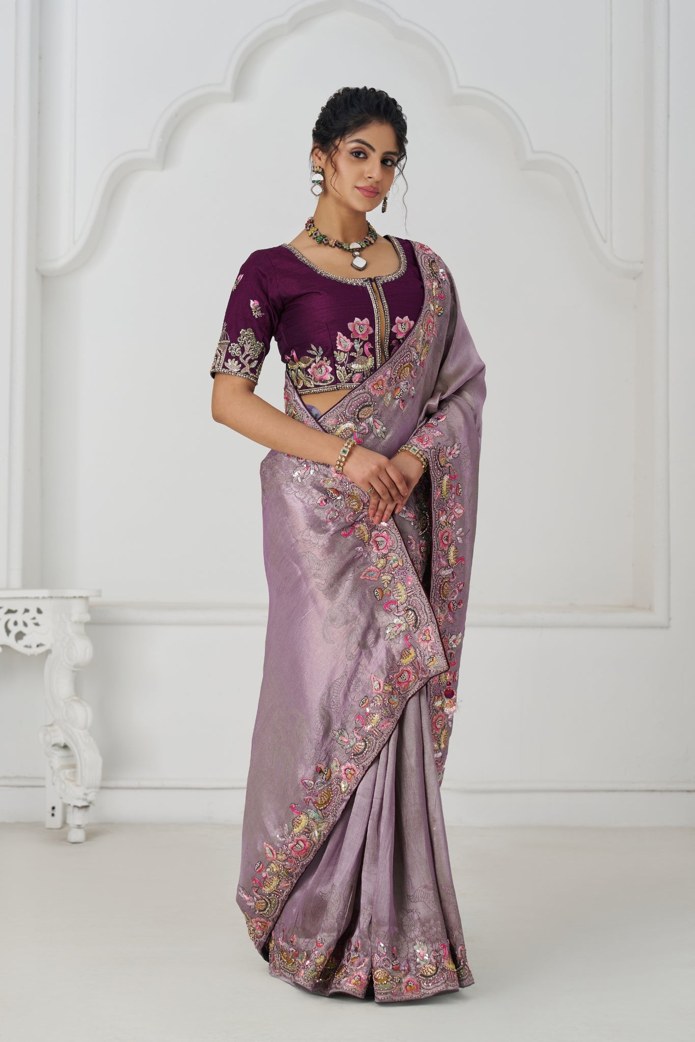 Mauve Luxury Wedding Saree With Multi-Thread Bead Embroidery & Sequin Work