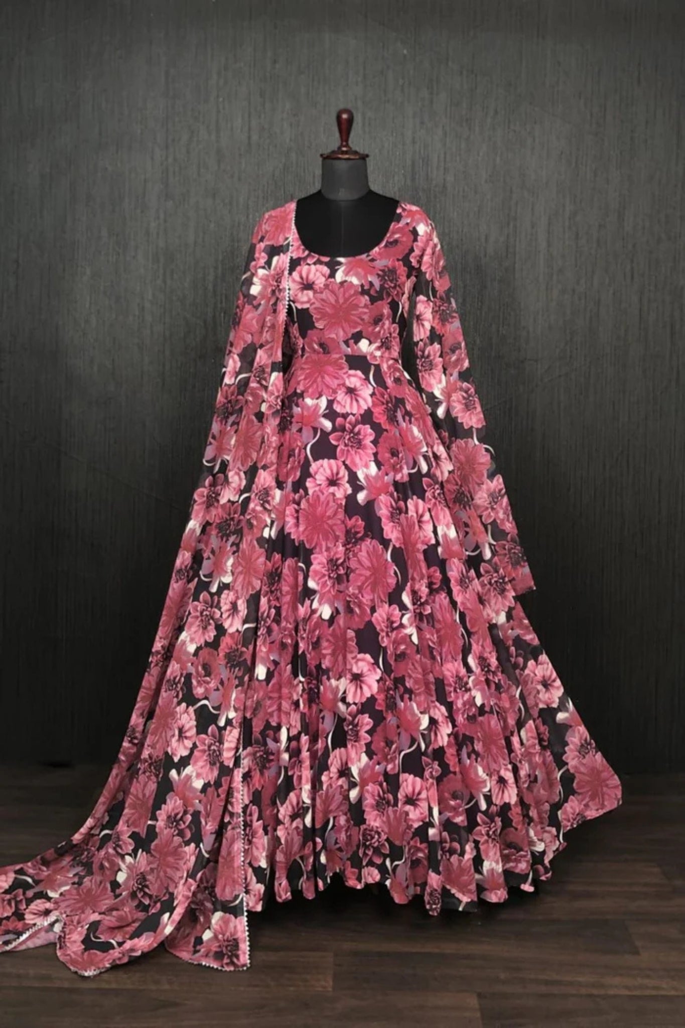 Readymade Pink Flower Premium Gown With Dupatta Set
