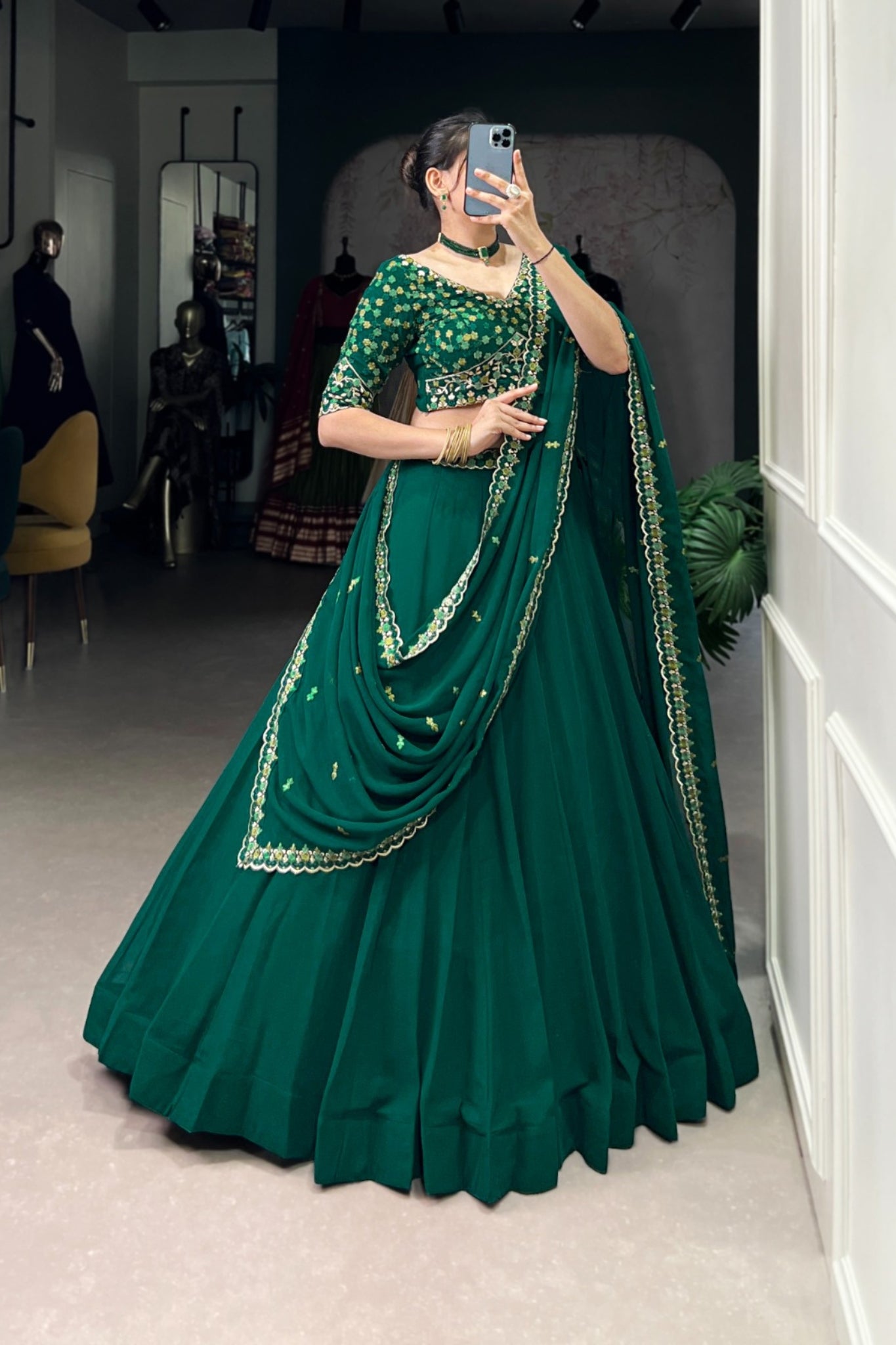 Battel Green Georgette Thread Embroidered Wedding Lehenga Choli